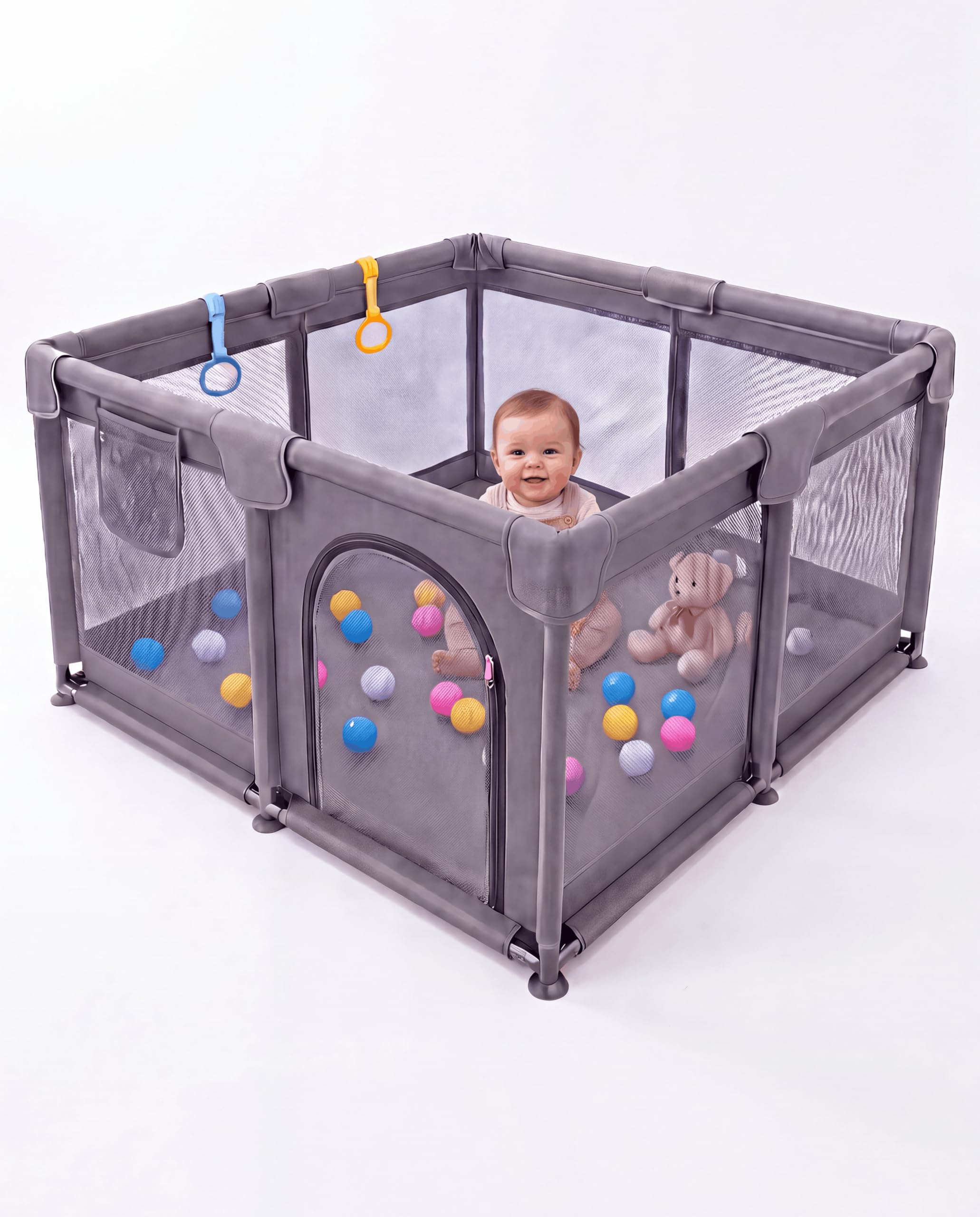 Playpen for Baby and Toddlers, Padded Baby Play Pen with Visible Breathable Mesh, Easy Assembly Infant Fence Barrier, Indoor Playard, Nursery Furniture for Babies 120X120cm (Grey)