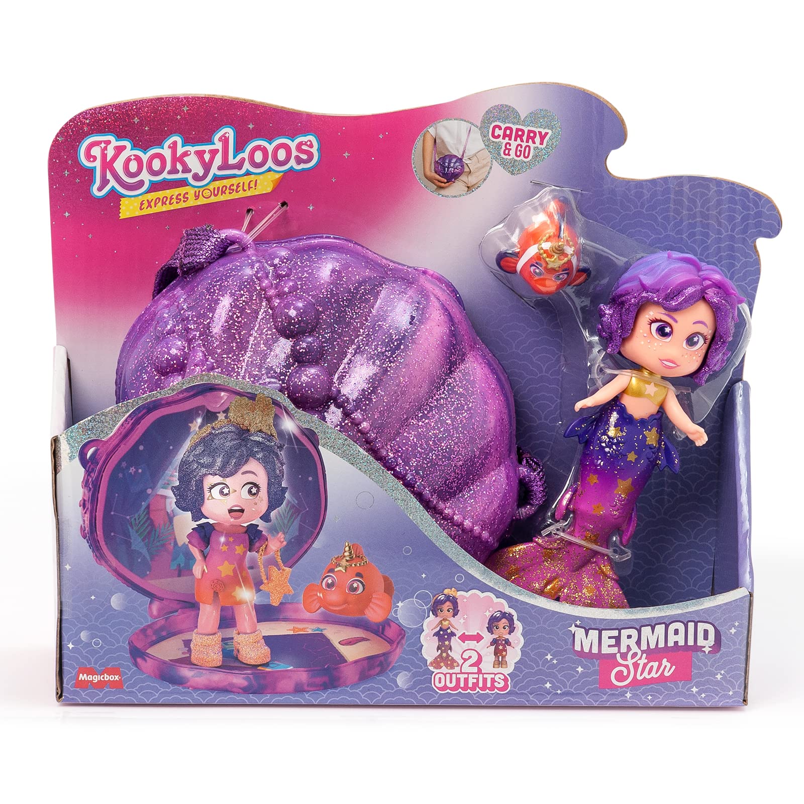 KOOKYLOOS - 1 lalka z 3 różnymi, unikalnymi minkami! Syrenka STAR Mermaid z 1 muszlą-torebką, 1 syrenim ogonem, 1 zwierzątkiem, ubraniami i akcesoriami.