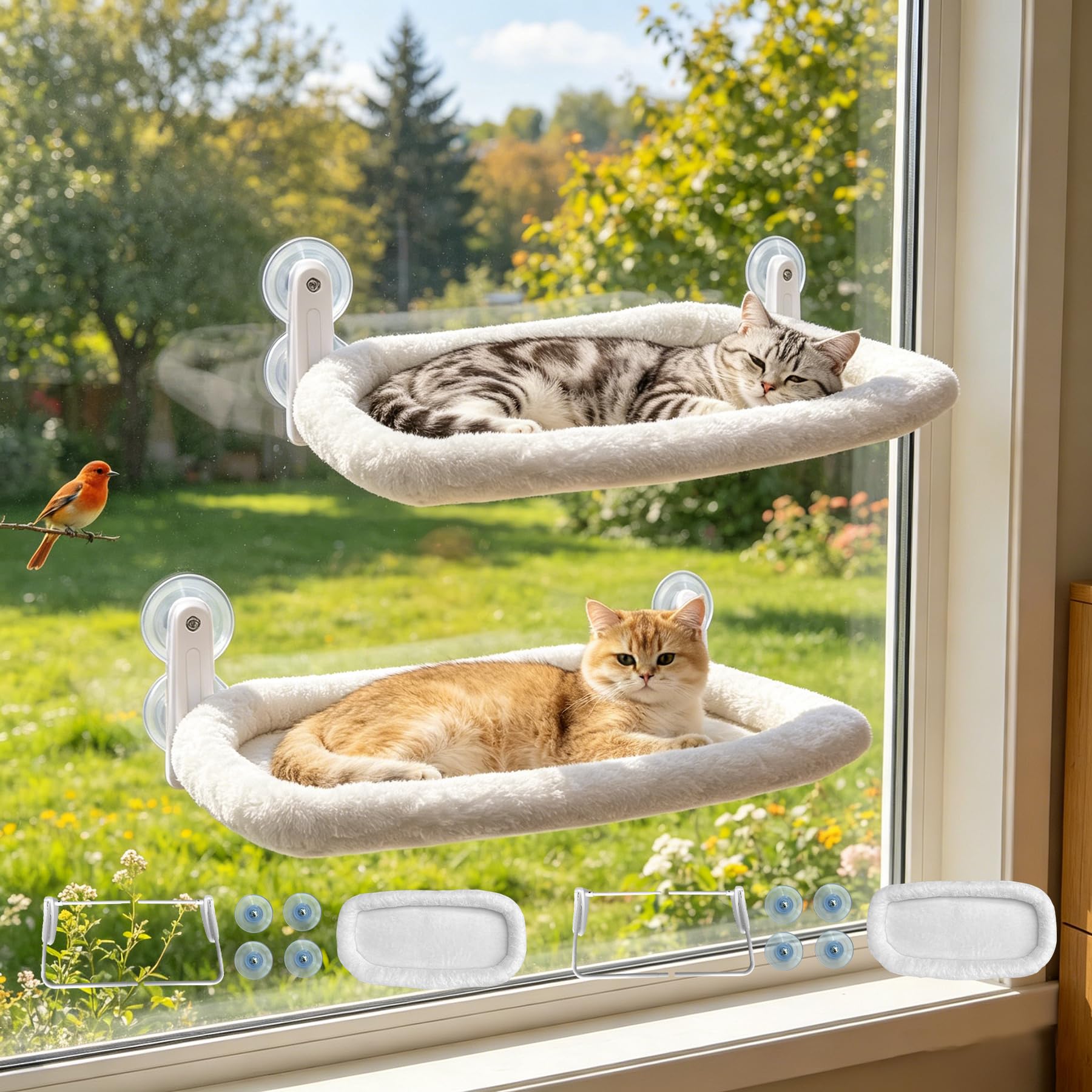 L&W BROS. Percha para ventana para gatos, paquete de 2 hamacas para gatos con 4 ventosas, fácil de montar, cama de ventana para gatos grandes y pesados en interiores (2 unidades L con cama)