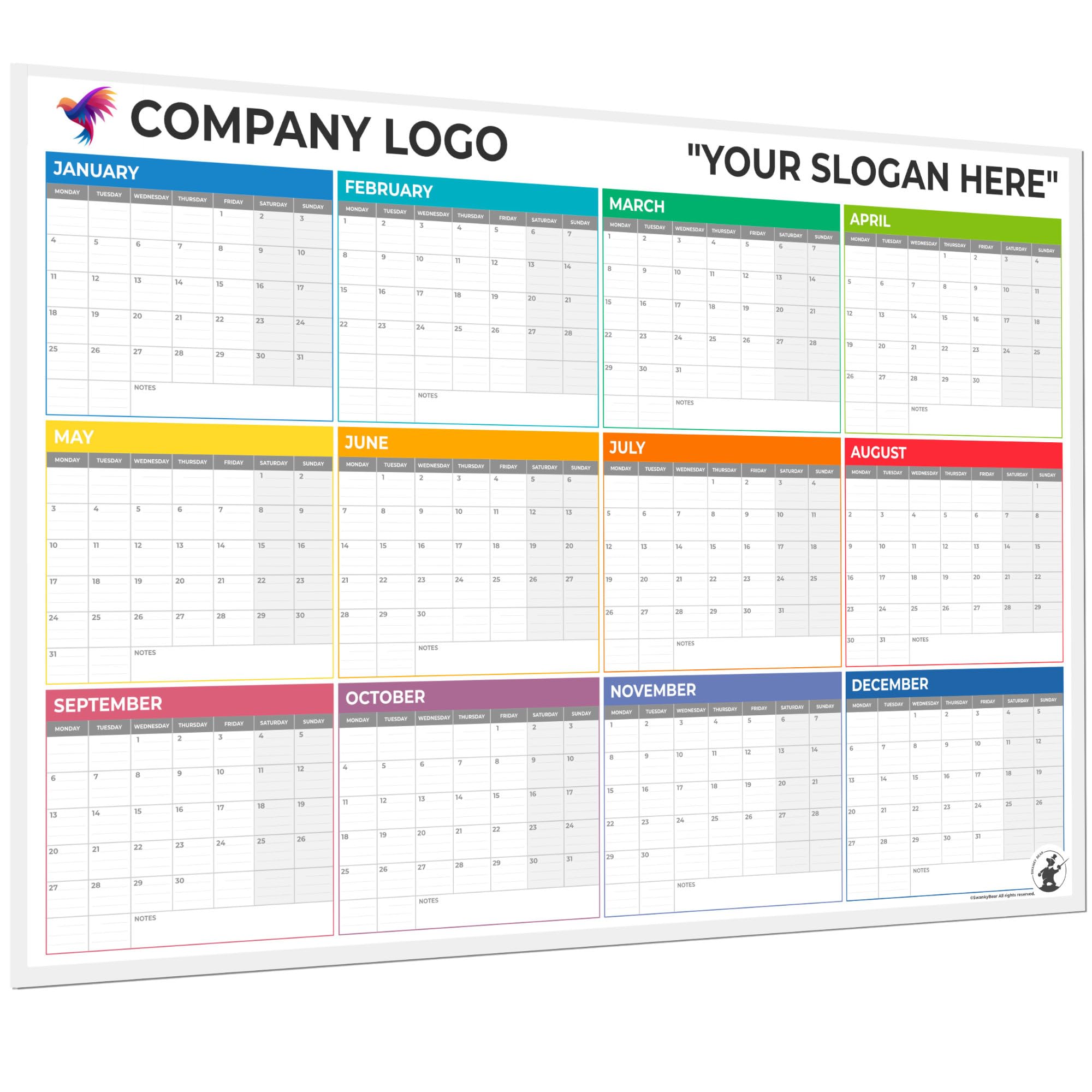 Personalise With Your Logo and Text. A0 2027 Wall Planner. Extra Large 12-Month Yearly Calendar with Bright Colour Block Design, Non-Laminated Matt Finish. Add Your Text and Logo