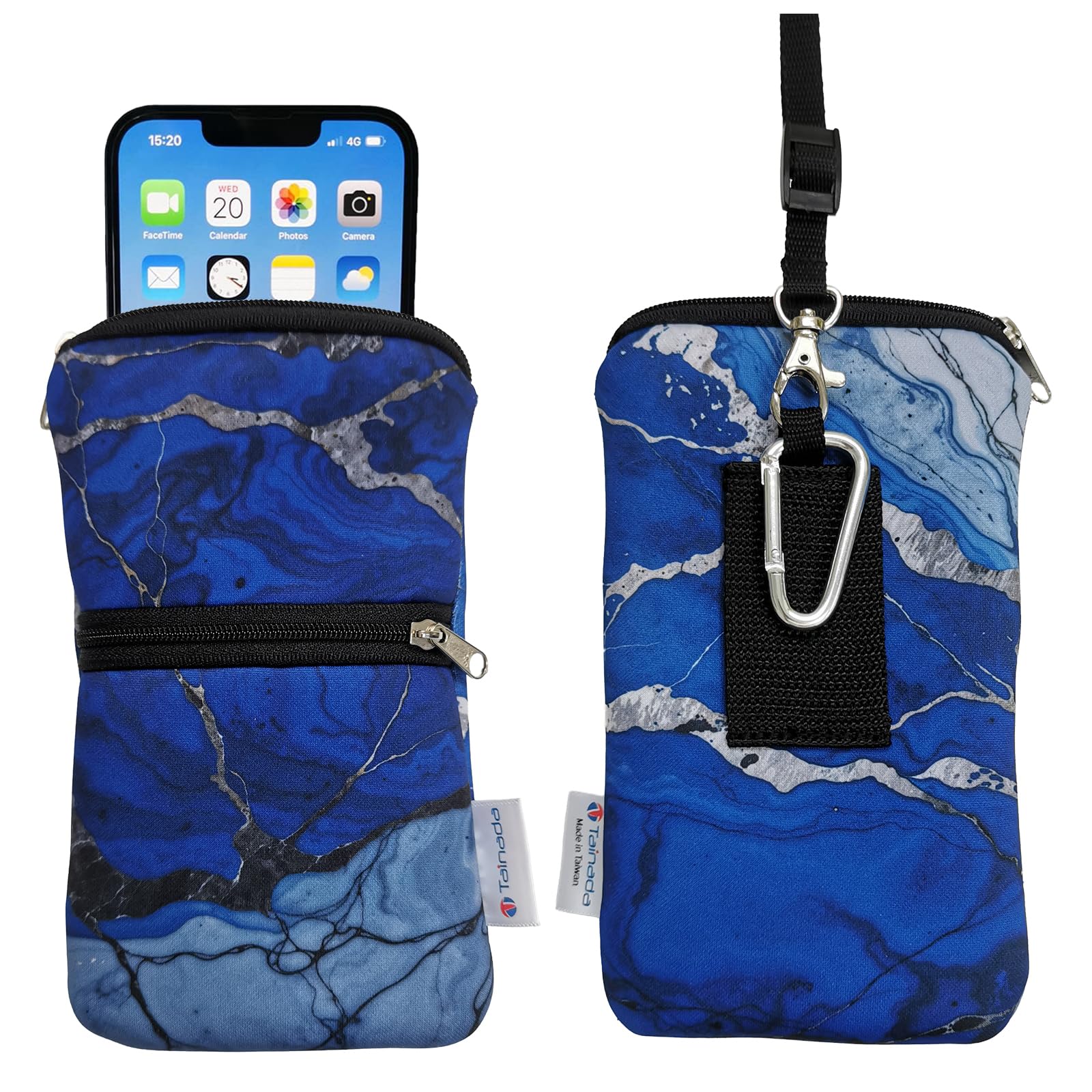 Tainada Dual Zipper Neck Cell Phone Pocket Pouch w/Belt Loop (Marble Blue) | For Men/Women; Water-resistant neoprene material, shockproof, lightweight, w/carabiner; Compatible with most of smartphones