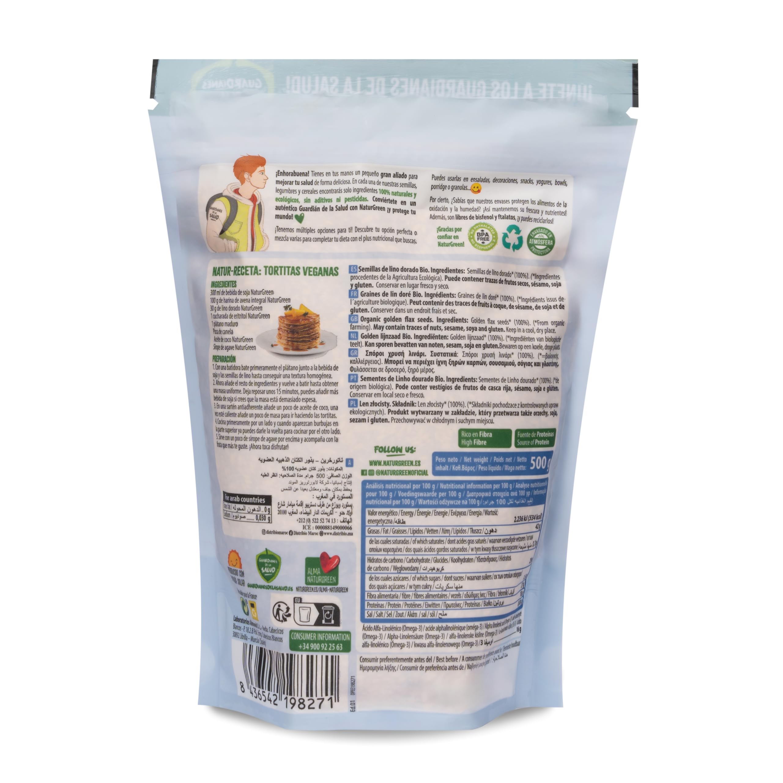 NaturGreen Lino Dorado Bio 500g | Alto en Fibra y Proteína | Fuente de Omega-3 | Sin Azúcares Añadidos | Superalimento Ecológico | Ideal para Dietas Veganas y Saludables
