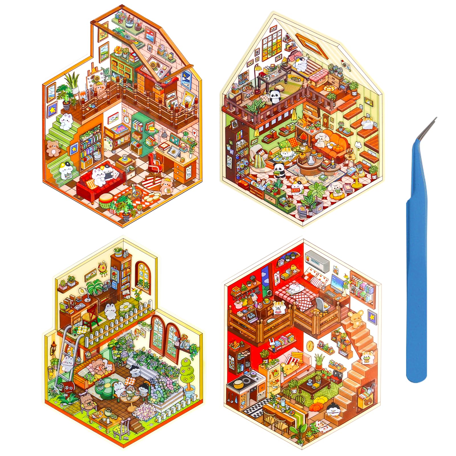 4 Sets DIY 3D House Stickers,3D Scene Stickers with Tweezers,Simulated Cabin Scene Sticker Large Version, Cute Cartoon Retro House Leisure Party