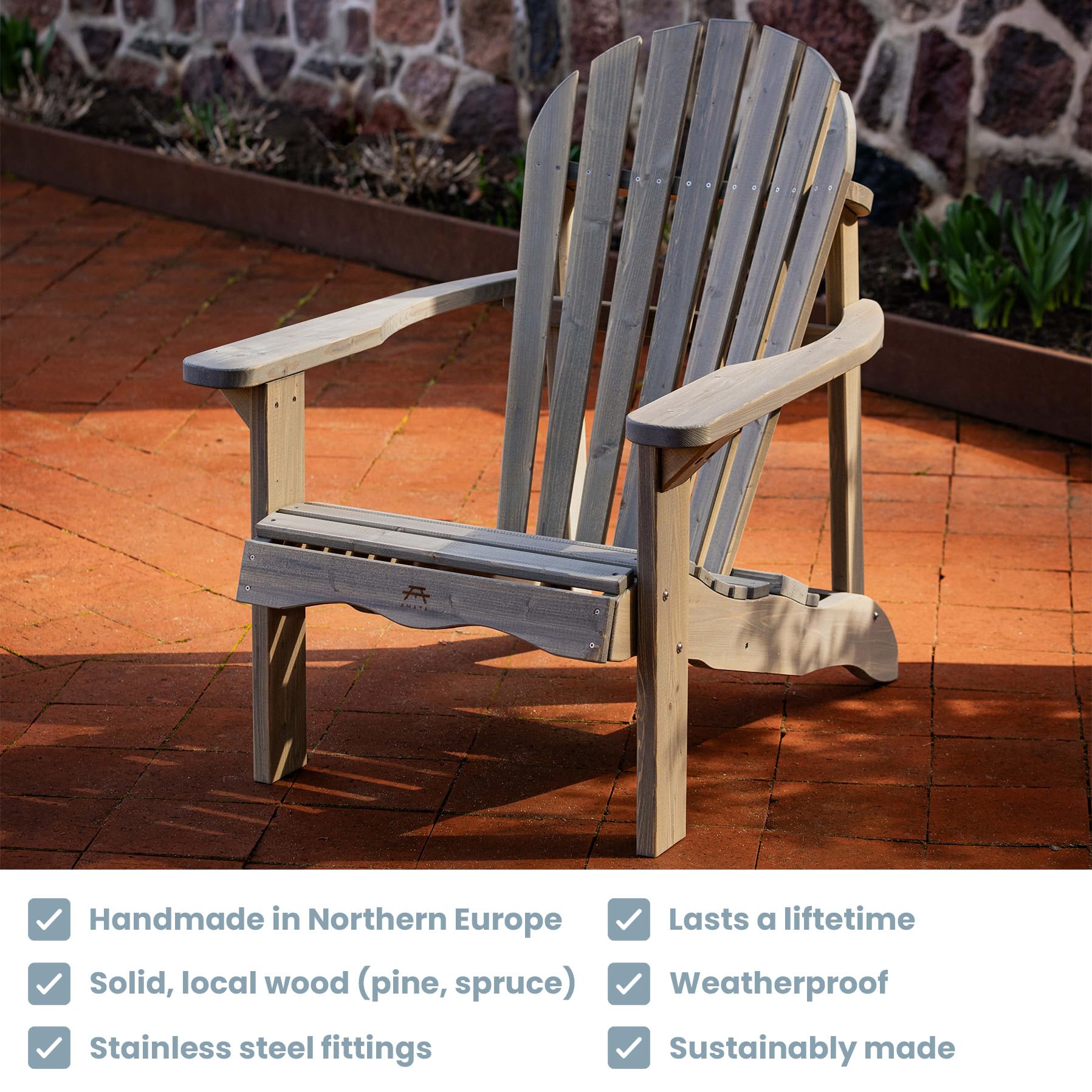 AMATA Sedia singola Adirondack per esterni, collezione UNGURS - Sedia in legno resistente alle intemperie per patio, cortile e giardino braciere - ergonomica e resistente, design senza tempo (grigio)