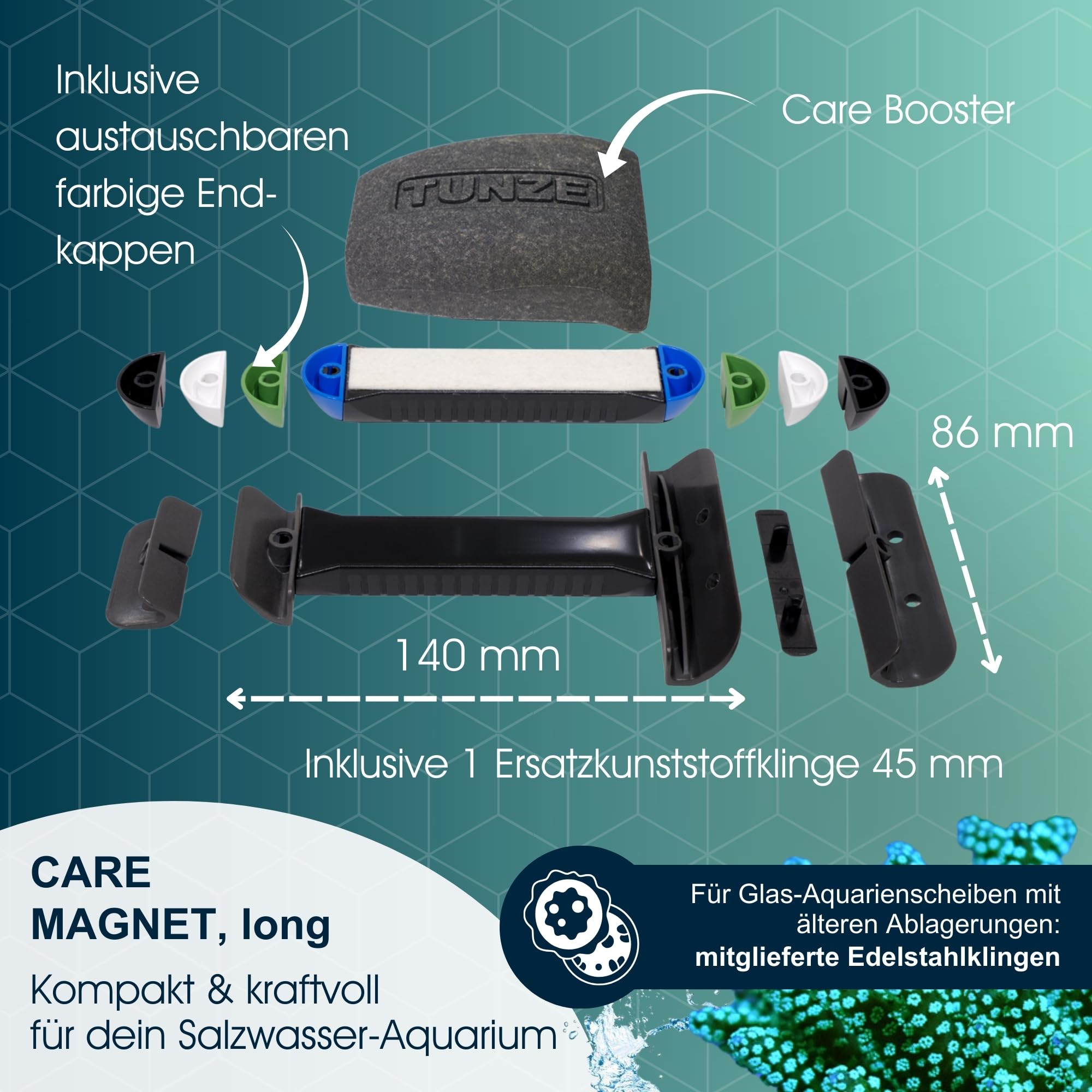 TUNZE Care Magnet Long I Aquarienreiniger für 10-15 mm Glasstärke I schlanker Scheibenreiniger mit abgerundeter Edelstahlklinge I Algenmagnet mit stark minimierter Kratzgefahr I Aquariumglas-Reiniger