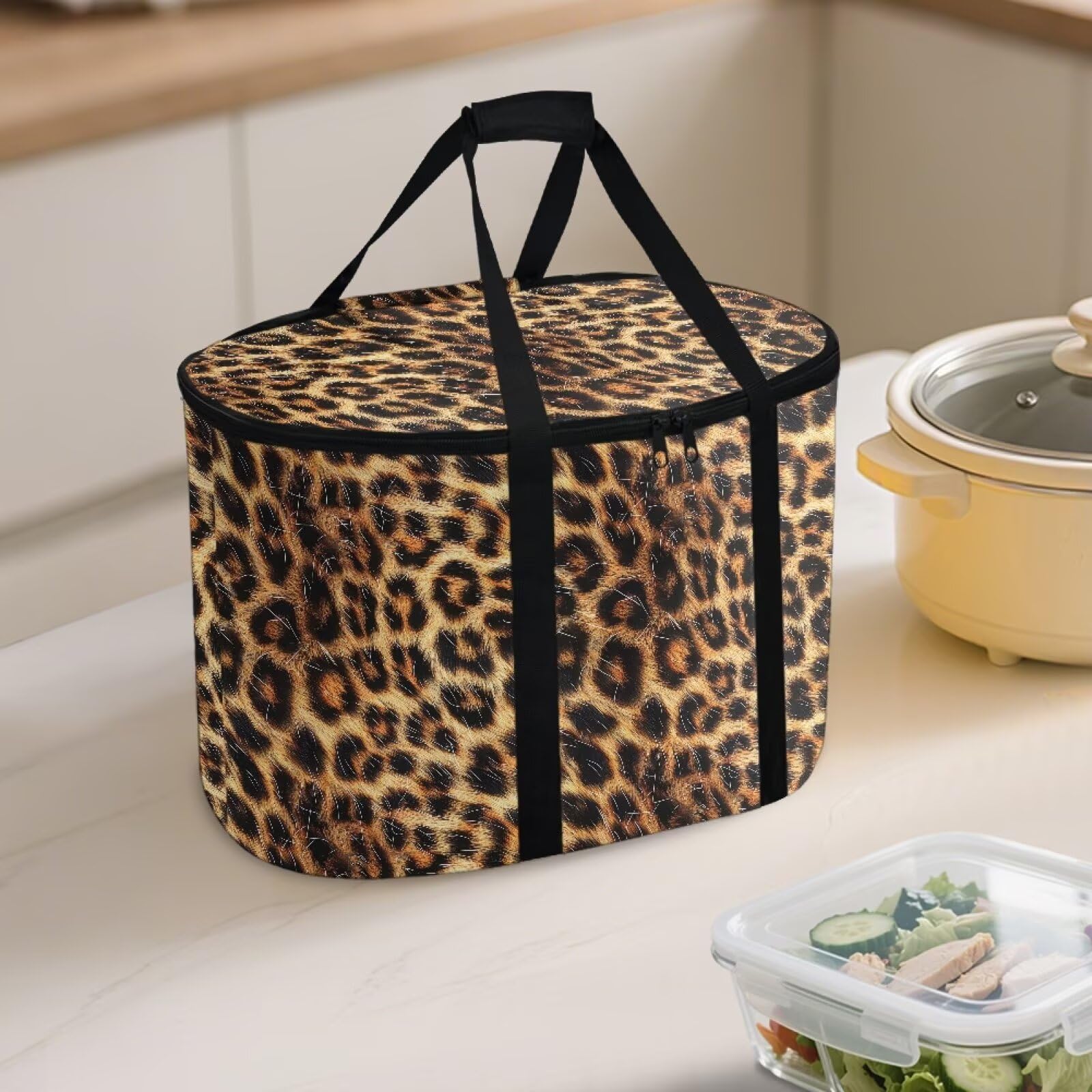 Qehuruxo Insulated Slow Cooker Bags for Most 4-8 Quart – Portable Travel Carrier with Zipper & Handle, Beach & Picnic Lunch Tote Leopard Print