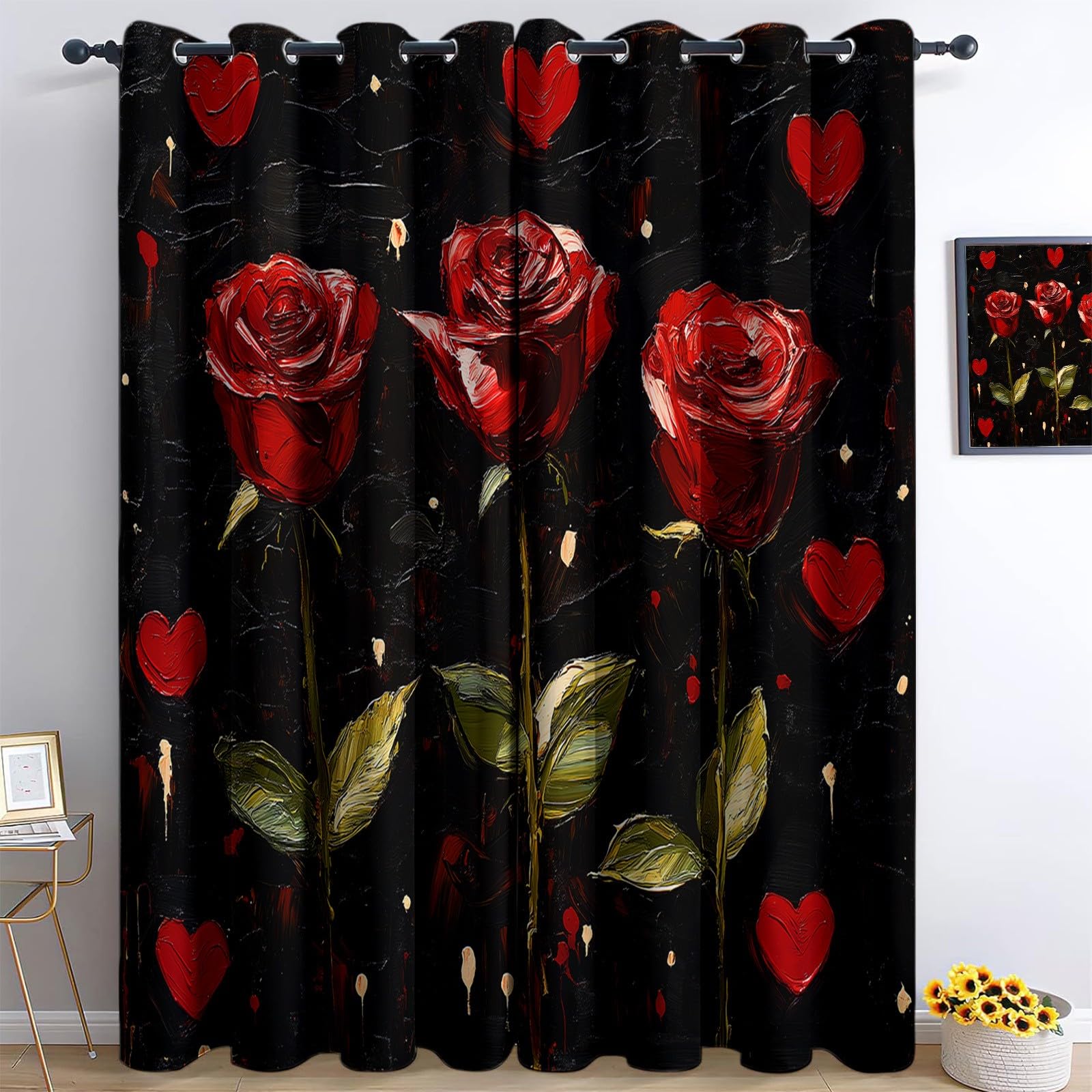 Wakacyjne czerwone róże serce termiczna zasłona zaciemniająca 117 x 229 cm zestaw 2 sztuk, zasłony okienne do salonu, domu, izolacja termiczna, ochrona przed zimnem, czarna