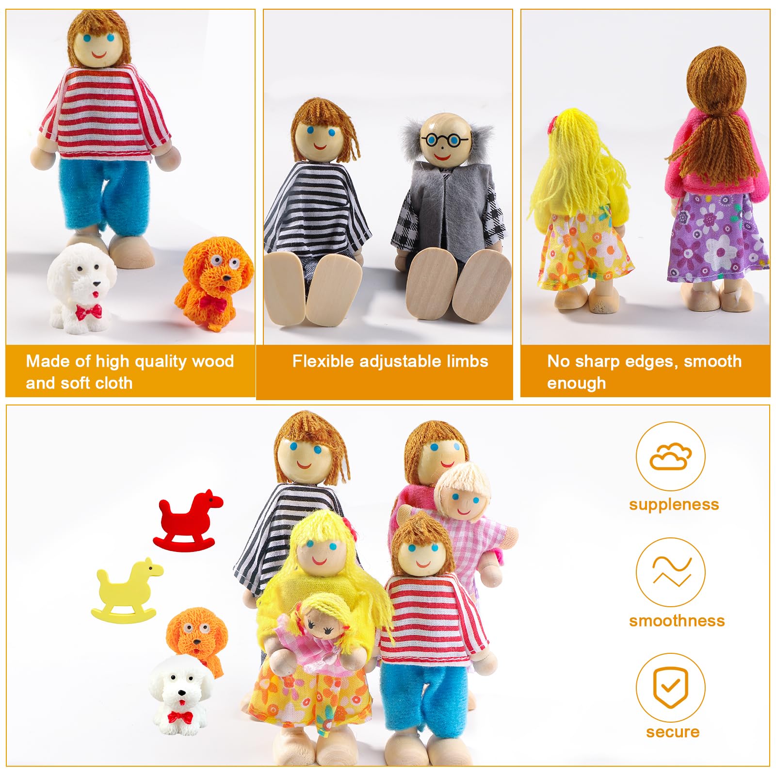 Ensemble de poupées de maison de poupée en bois de 7 pièces de la famille de poupées avec un chien, accessoires de jeu heureux pour enfants, jouets en