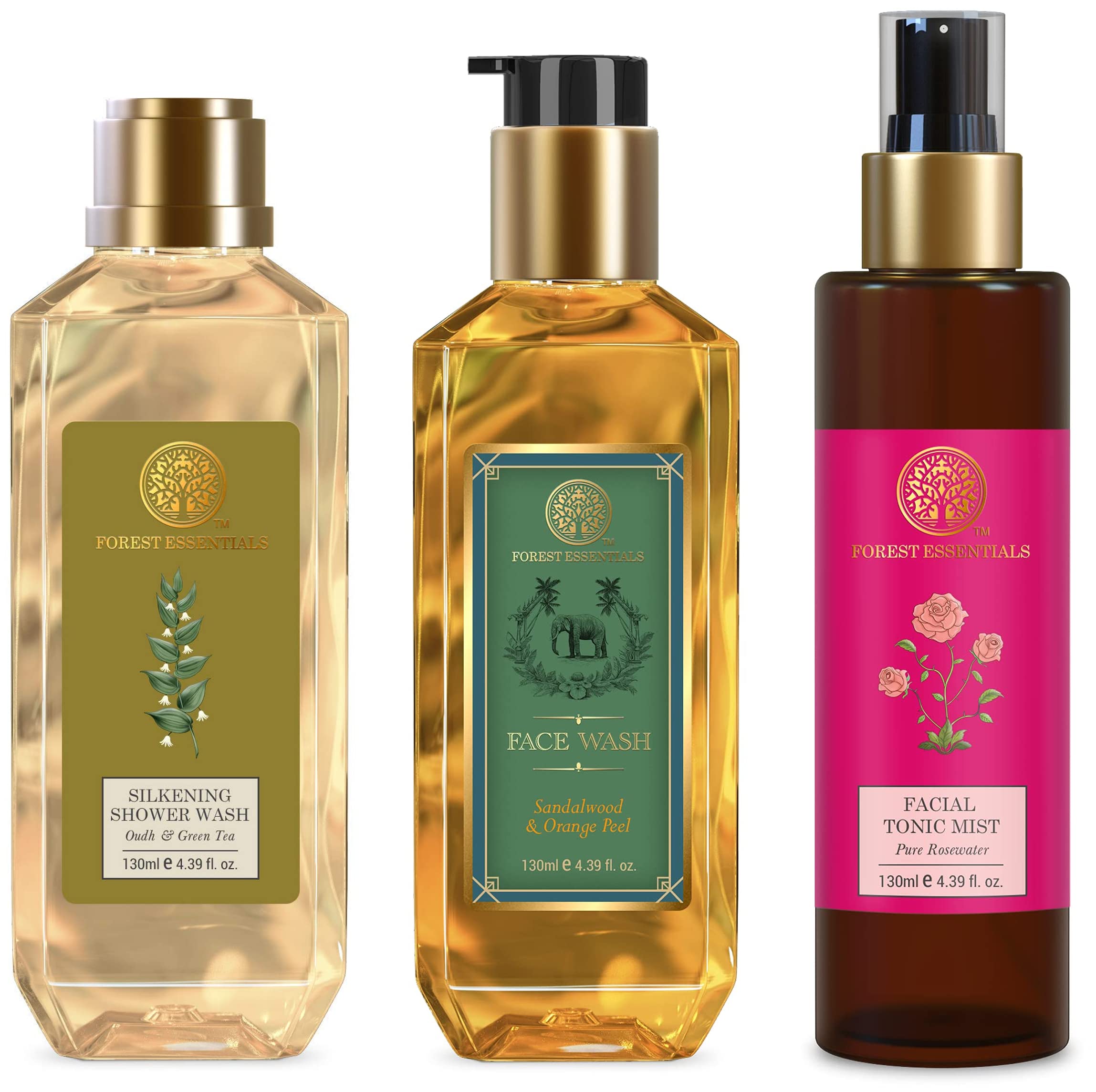 Forest Essentials Facial Tonic Mist Pure Rosewater 130ml (Face Toner) & Facial Cleanser Sandalwood & Orange Peel 130ml (Face Wash) & Silkening Shower Wash Oudh & Green Tea 130ml (Body Wash)