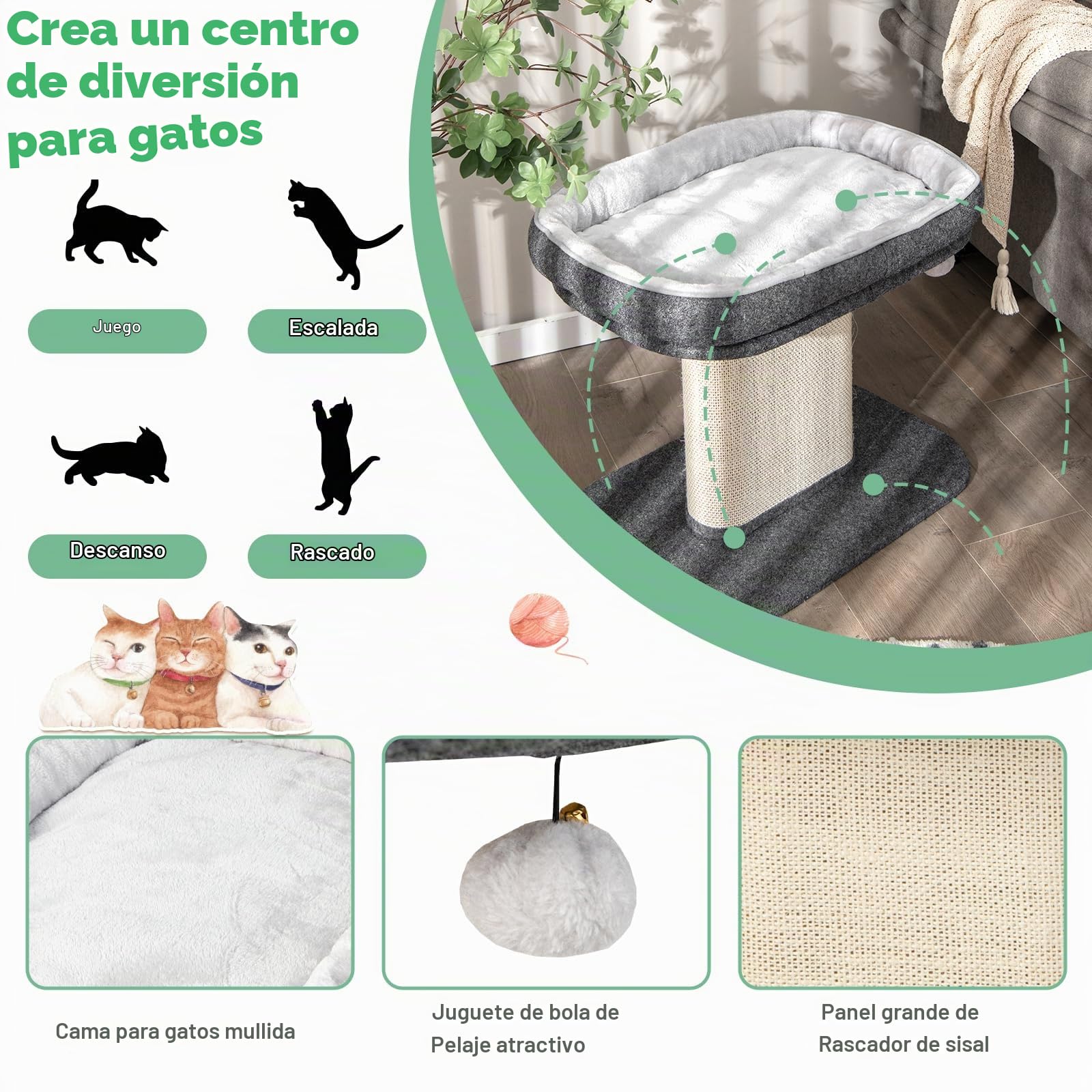 GOPLUS Árbol Rascador Pequeño para Gatos de Altura 50 CM con Poste Rascador de Sisal, Torre de Actividades de Carga 20 KG con Soporte de Peluche y Juguete de Bola Colgante, 59×40×50 CM, Gris