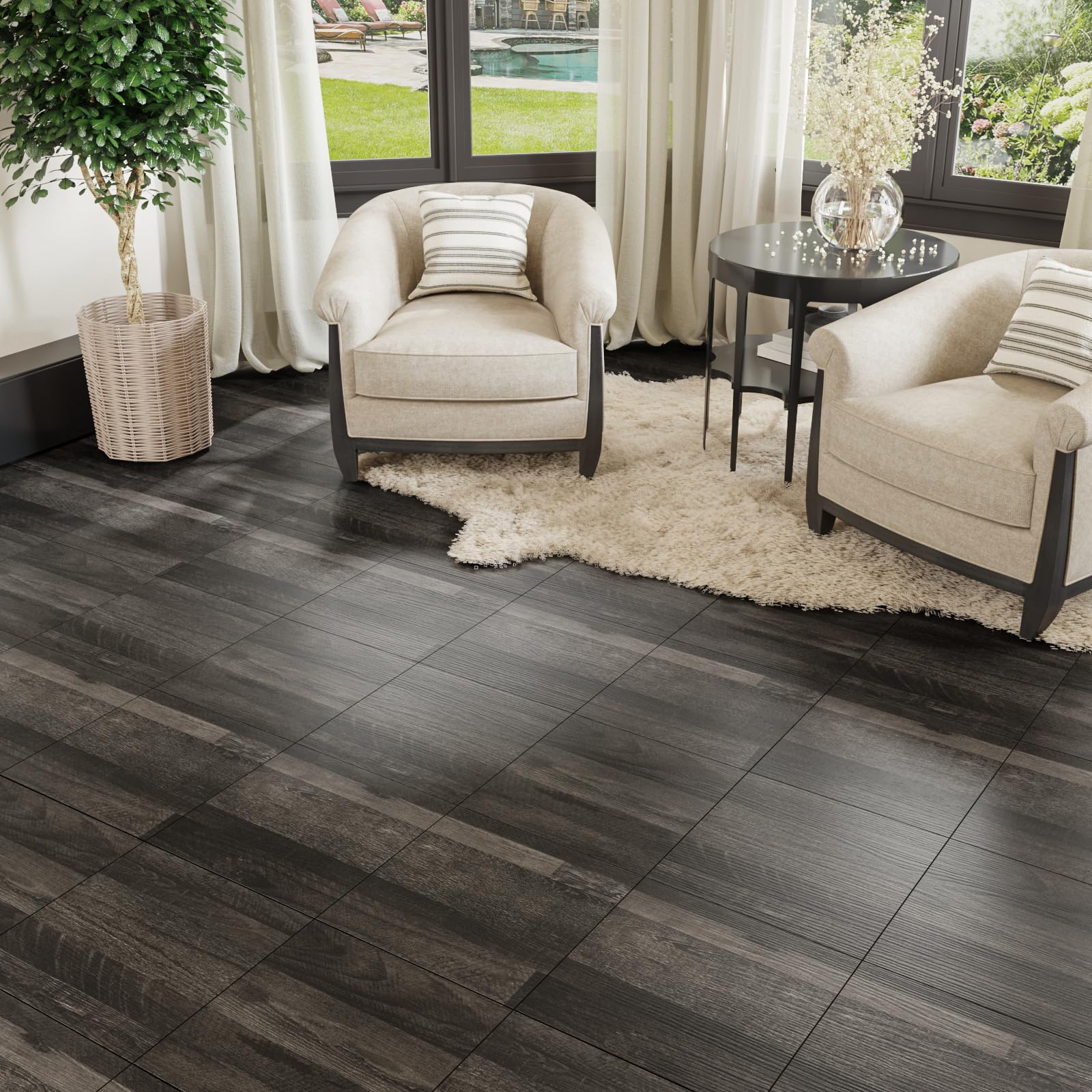 VEELIKE Piastrelle adesive per pavimenti in PVC, effetto legno, effetto legno, impermeabile, 12 pezzi, colore grigio scuro, effetto legno, 30 cm