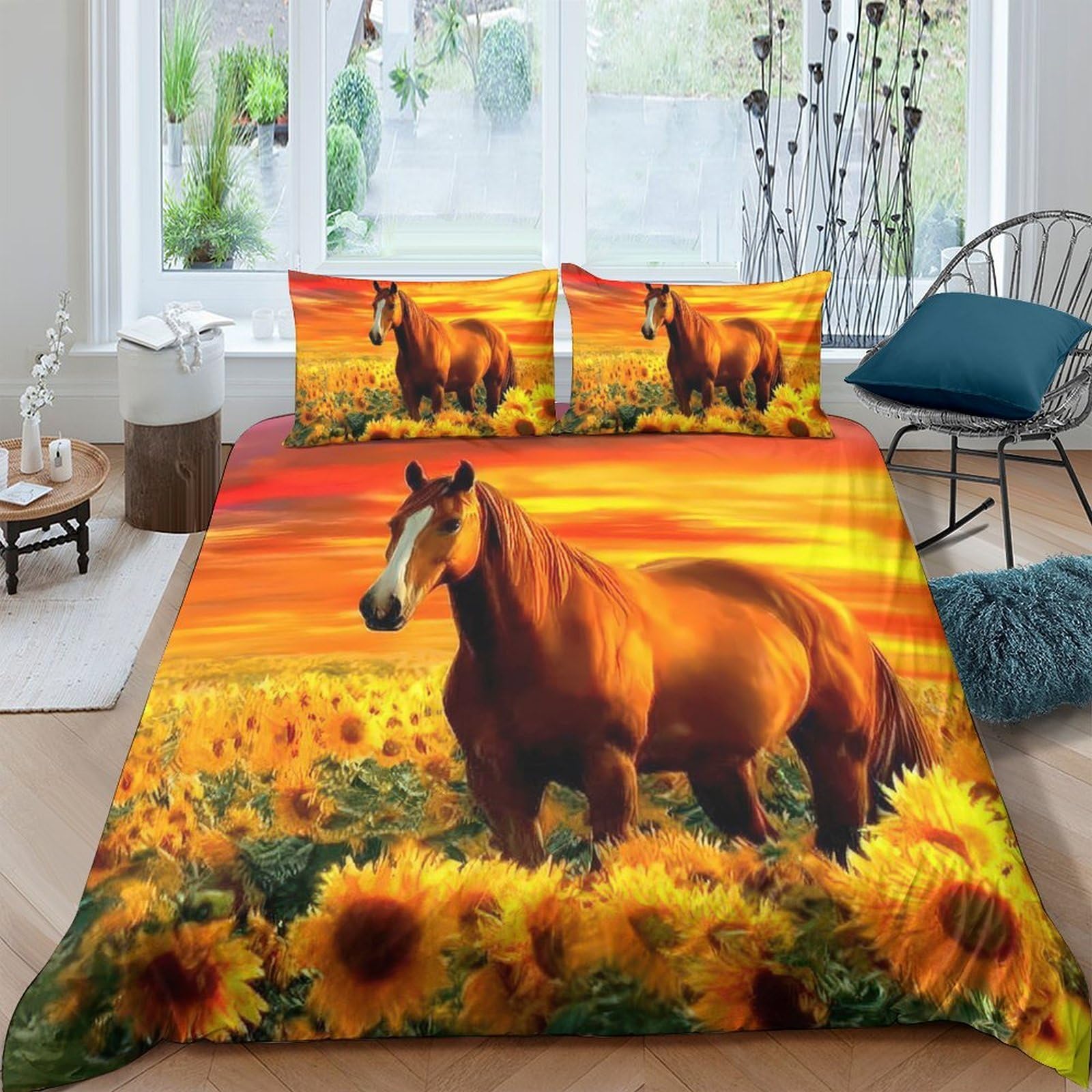 Ctjqhvkz Style-2 3D Printed Sunflower Field Fitted Sheet Microfiber Horse Sunset Mattress Cover Non Slip Washable Decor For Bedroom Guest Room Single（135X200cm）