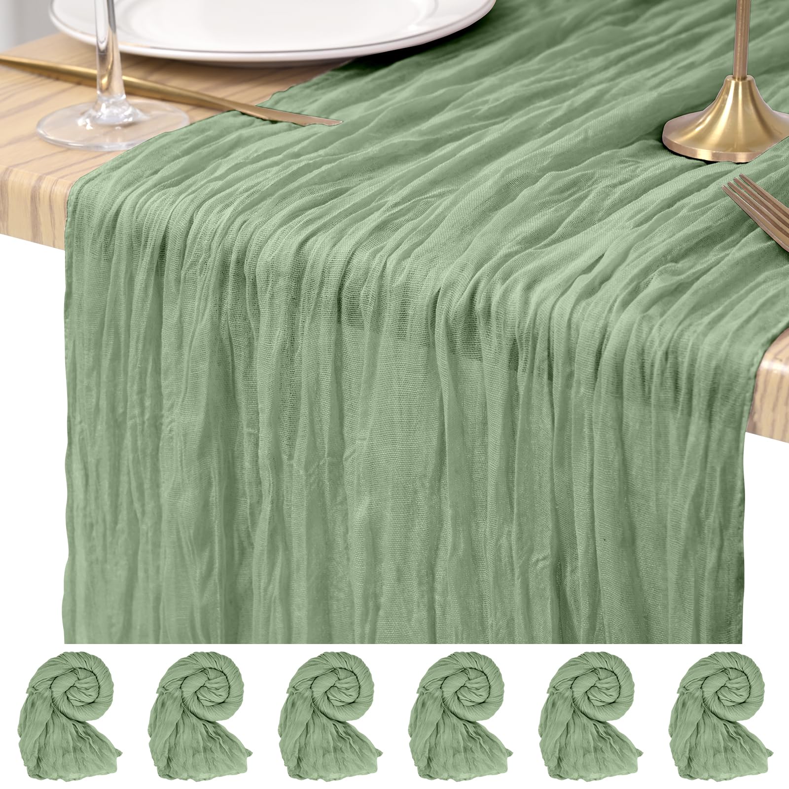 6 Pack Cheesecloth Table Runner Sage Green 17.7 x 108 inch Rustic Boho Gauze Fabric Table Runner Romantic Long Cheesecloth Table Runner for Wedding, Festival, Anniversary, Dinner and Outdoor Events