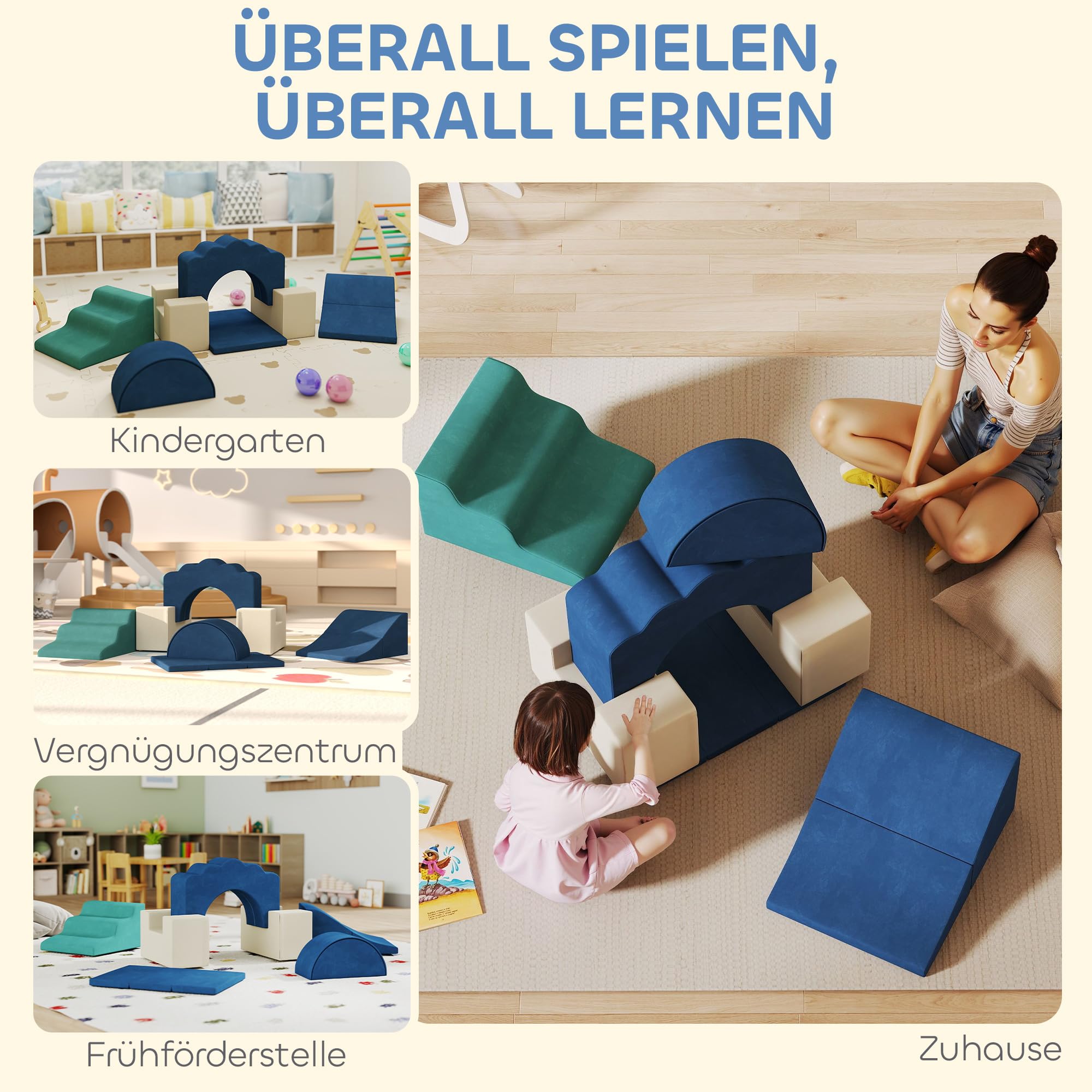 AIYAPLAY Kinder Schaumstoff Bausteine 7er Set Softbausteine Riesenbausteine Klettern Spielsofa Großbausteine mit Samtoptik Modulares Bausteine-Sofa Baby Kletterspielzeuge Dunkelblau