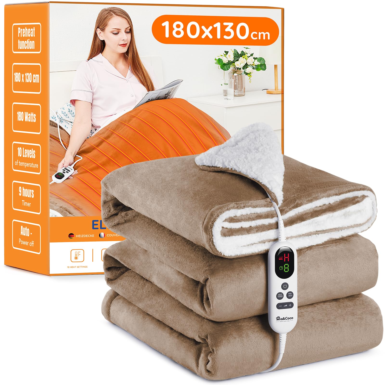 Mia&Coco 130X180cm Khaki Electric Heated Blanket Throw Flannel Sherpa Fast Heating 180X130cm, 10 Heat Levels & Up-To-9-Hours Auto-Off Timer & Led Display, For Home Office Use, Machine Washable, Etl Certified, Khaki