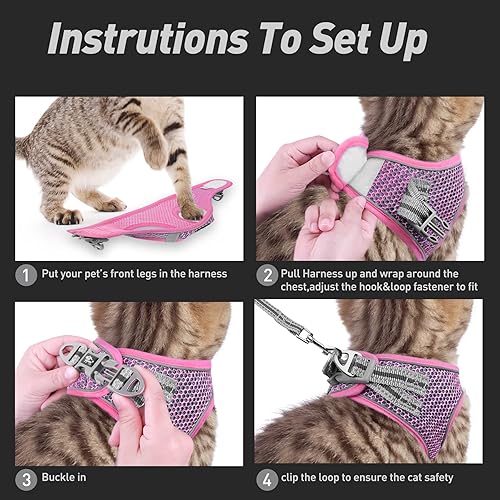 Miniatura 6 de Juego de correa de arnés para gato sin escape, suave chaleco ajustable para gato, cómodo al aire libre, ligero, fácil control, transpirable, negro,