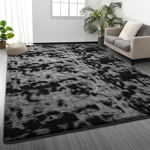 Large Soft Rugs for Living Room, 6 x 9 Ft Tie-Dyed Thickened Memory Foam Area Rug for Bedroom, Non-Slip Comfy Indoor Carpet for Boys Girls Room Nursery Home Decor, Dark Grey