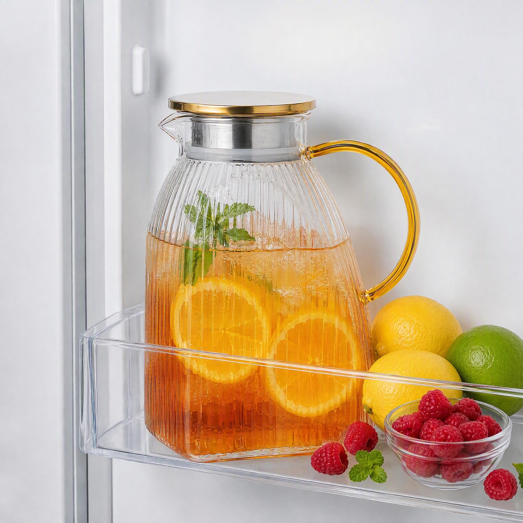 1.8L Glass Pitcher, Stainless Steel Lid Handle Large Clear Water Jug Carafe