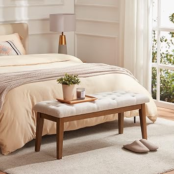 HUIMO Upholstered Bench, Button Tufted Dining Bench (Beige)