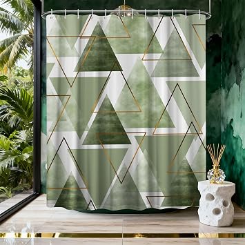 Sage Green Geometric Shower Curtain, Light Green, 70 x 72 inch | Minimalist Design, Waterproof Fabric, Includes Hooks, Modern Bathroom Decor