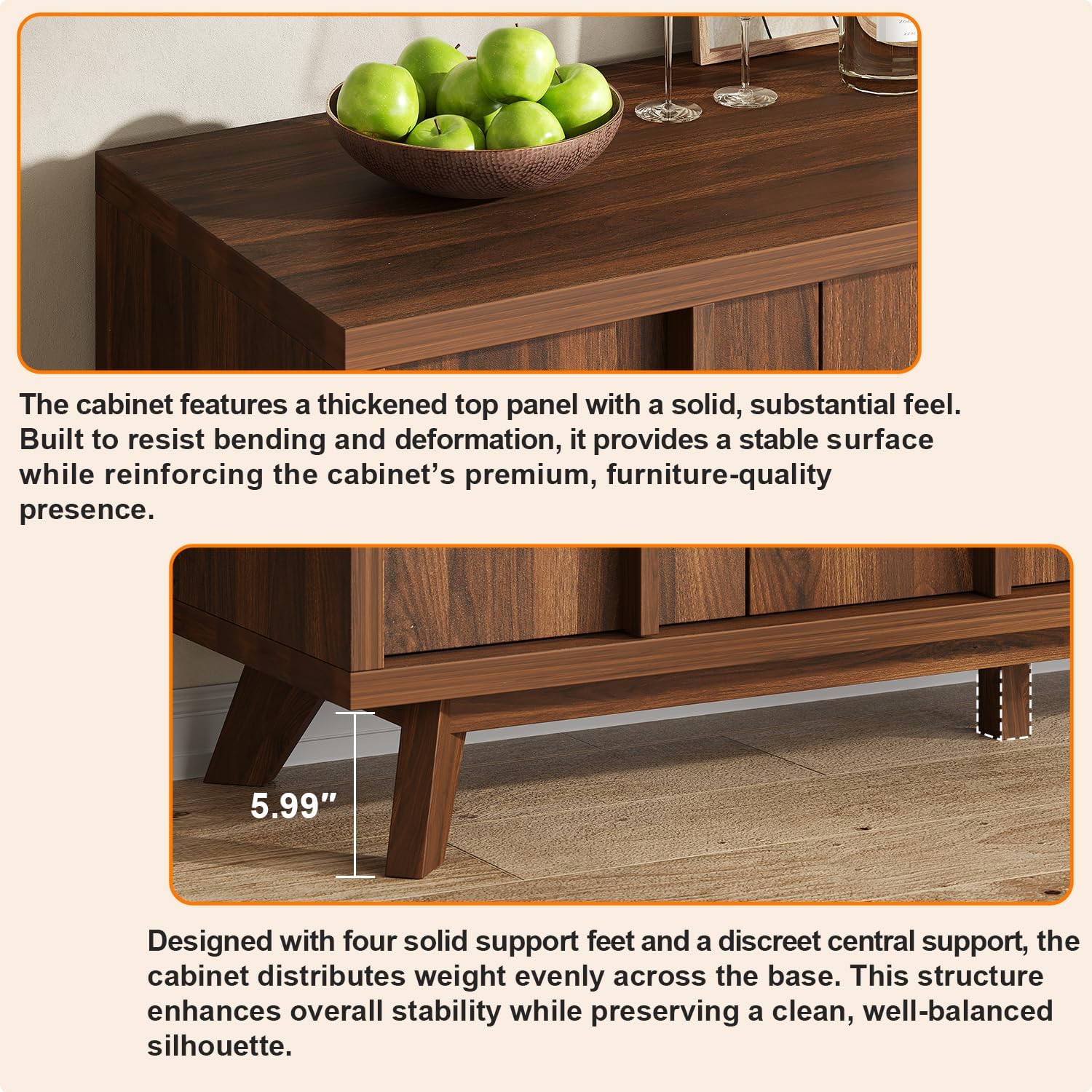 Sideboard Buffet Cabinet with Storage, 59" Modern Credenza with 4 Doors & Adjustable Shelves, Wood Console Cabinet for Living Room Kitchen Dining Room Hallway (Walnut) - Image 6