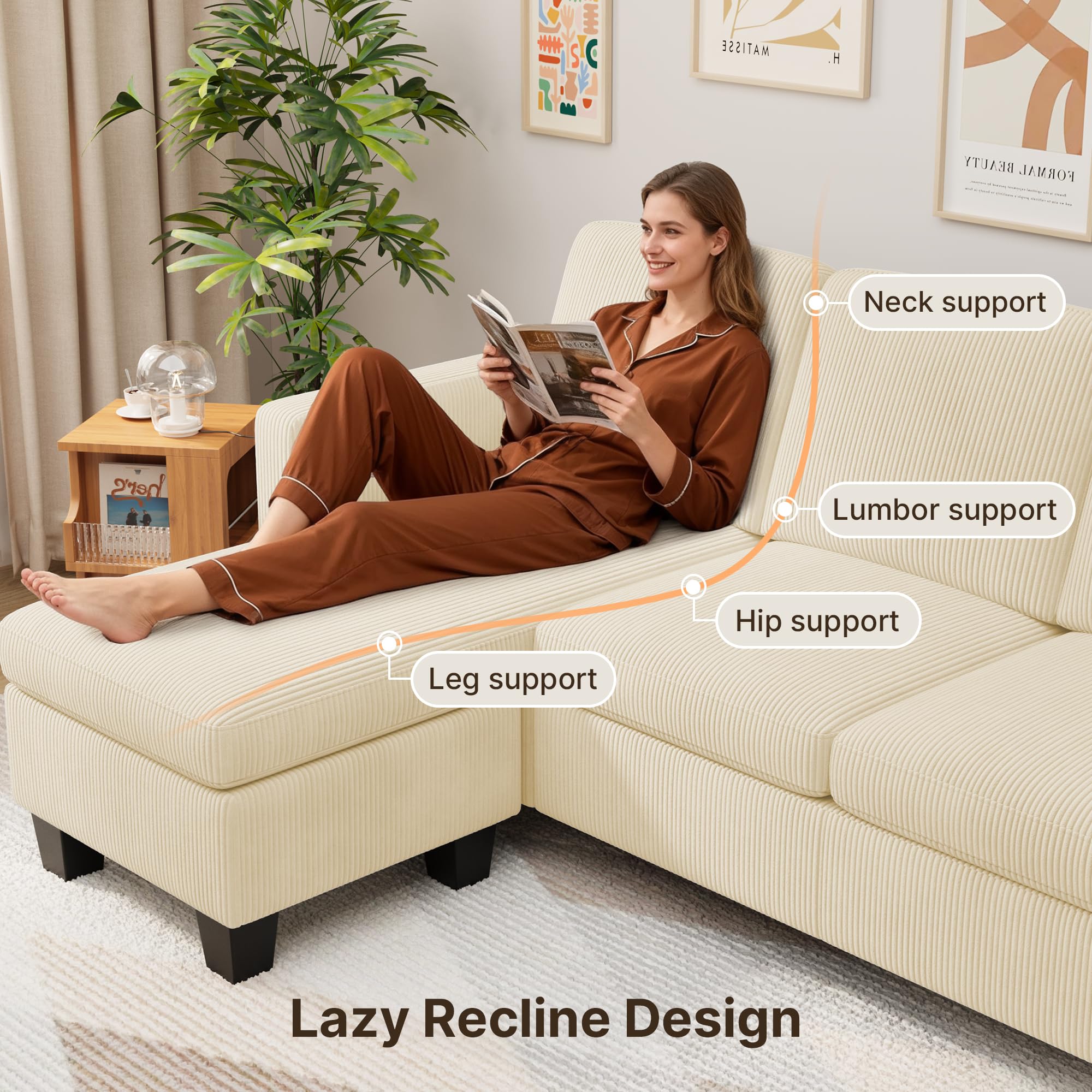 Xbro Divano angolare 3 posti a L con chaise longue fissa, imbottitura in spugna ad alta resilienza, tessuto in cotone e lino traspirante per soggiorno moderno, Giallo beige