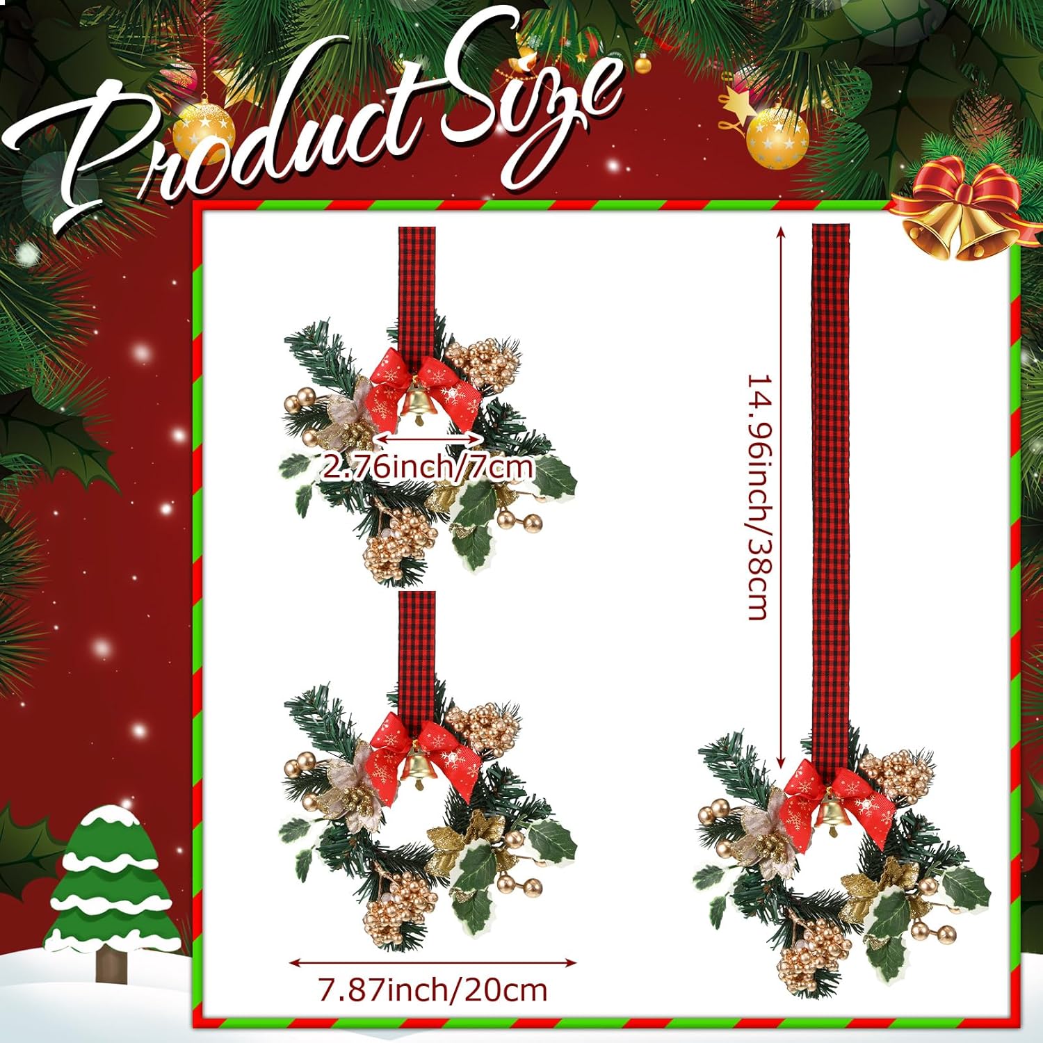 Zeyune 12 Pcs Small Christmas Wreaths for Kitchen Cabinets with Plaid Bow Ribbon Hanging Mini Christmas Cabinet Door Wreaths Decor for Kitchen Window Outdoor Indoor Holiday Decor, 14.96 x 7.87''