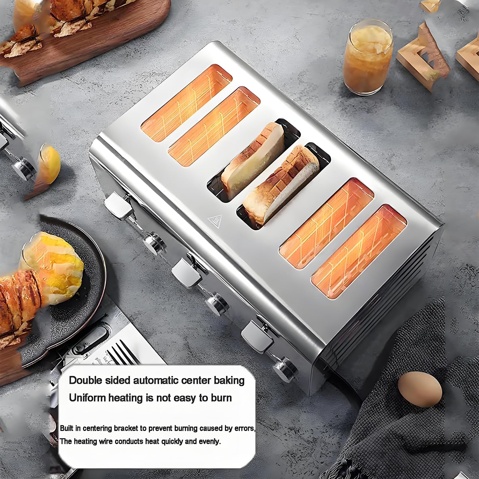 Grille-pain commercial à 2/4/6 tranches en acier inoxydable avec 7 niveaux de brunissement, fonction congelée/annulation/réchauffement, pop-up automatique et bac ramasse-miettes amovible pour la