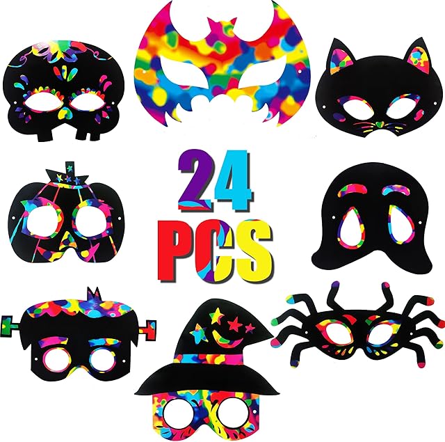 Funnlot Halloween Crafts for Kids 24 Pcs Halloween Scratch Mask Halloween Scratch Art Masks Halloween DIY Crafts Activities Halloween Scratch Witch Spider Shapes Halloween Party Games for Kids