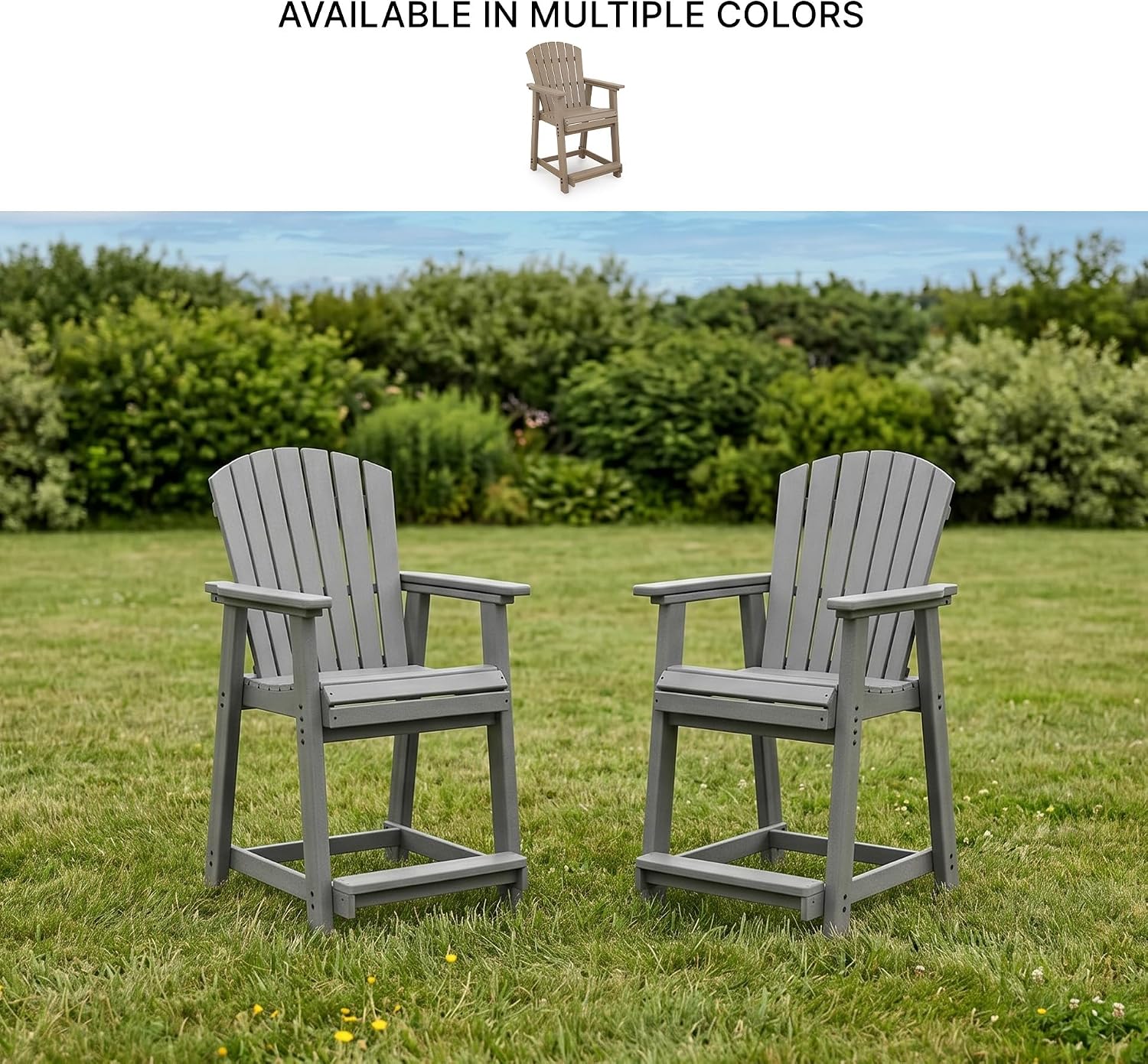 Signature Design by Ashley HDPE Adirondack Counter Bar Stool Set of 2 | Durable weather resistant HDPE, 24.5 in seat height, Slatted Adirondack design, Dark gray finish, Ross Cove Series