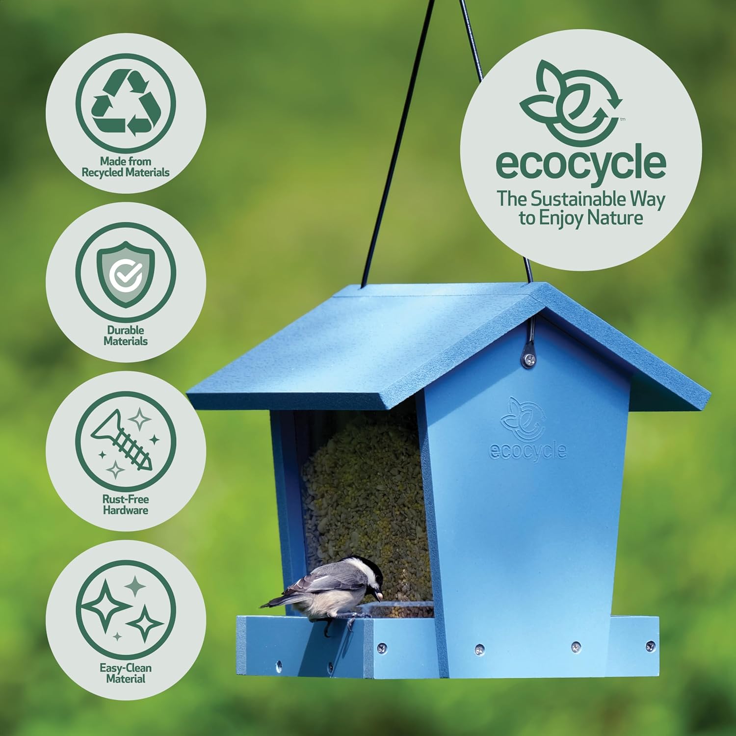 Bird Banquet Recycled Plastic Hopper Bird Feeder with Fresh Seed Tray for Wild Birds and Outdoor Décor, 2.15 Quart Capacity, Blue