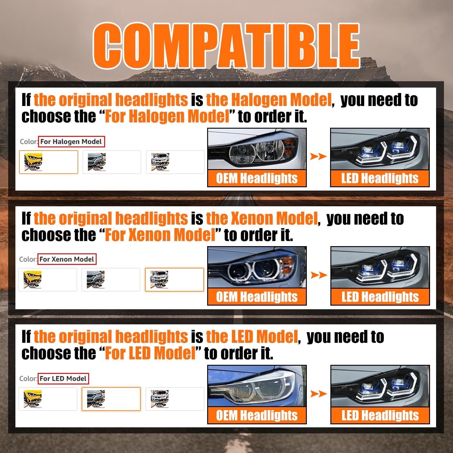 Headlights for 2013-2018 BMW F30 F31 320i 328i 330i 340i 3 Series 4dr sedan Front Lamp (For Halogen Model)