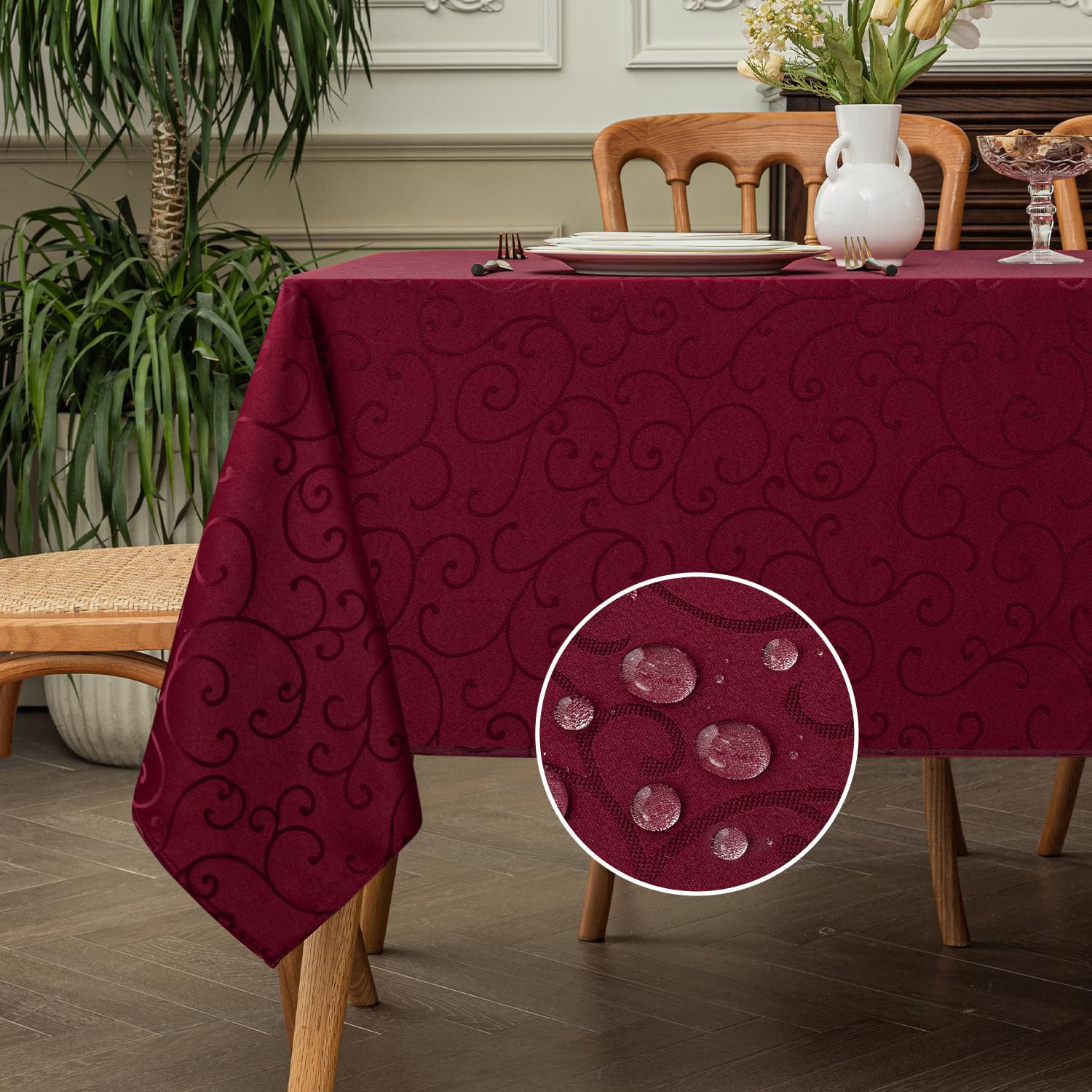 Romanstile Christmas Jacquard Rectangle Tablecloth - Burgundy Waterproof Damask Curly Floral Pattern Decorative Table Cloth, Heavy Weight Fabric Table Cover for Dining/Party/Holiday - 52 x 70 Inch