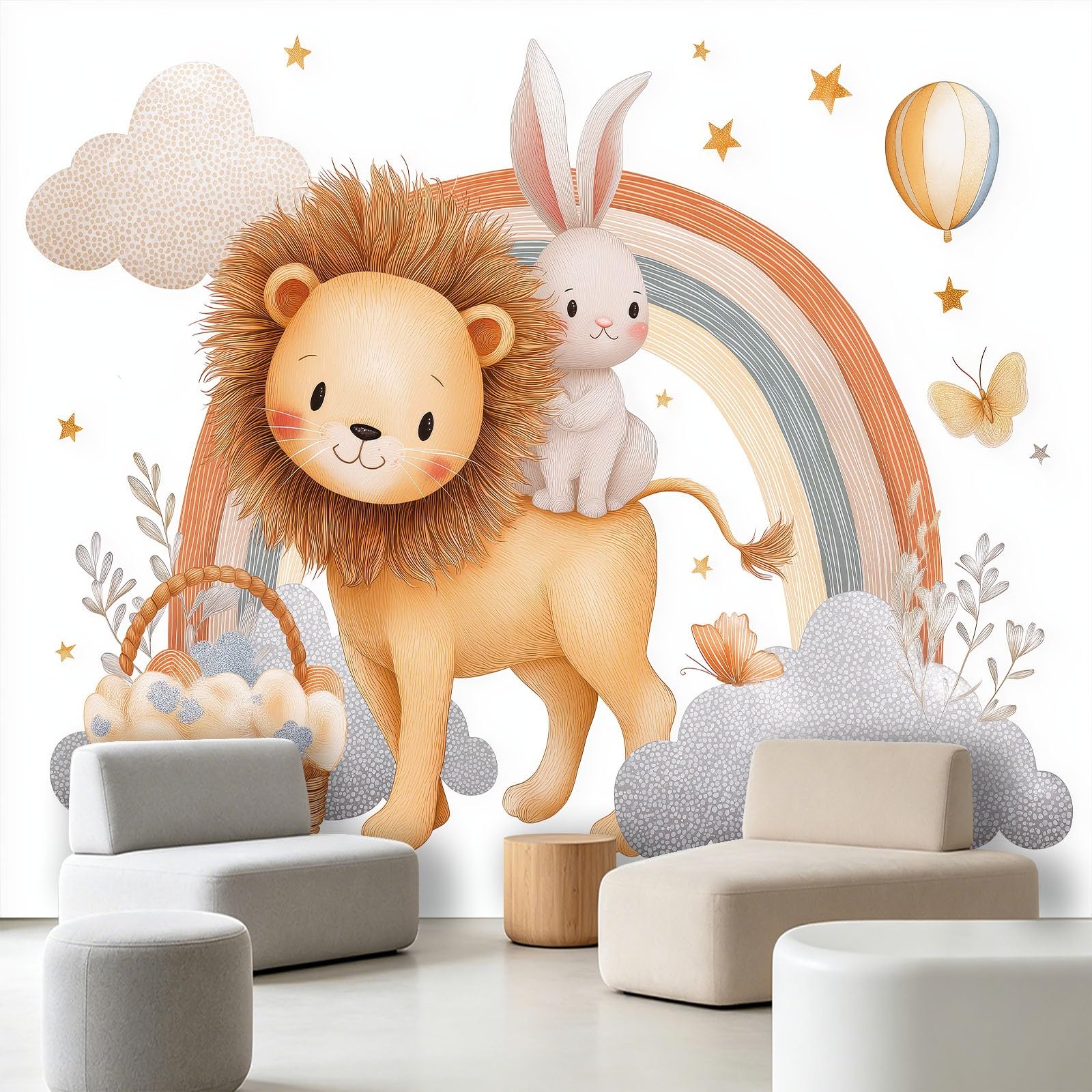 Panoramiczna tapeta Cartoon Rainbow 300 x 210 cm (dł. x wys.), dekoracja ścienna do pokoju dziecięcego salon kuchnia - gobelin unikalny i nowoczesny design - zwierzę lew królik