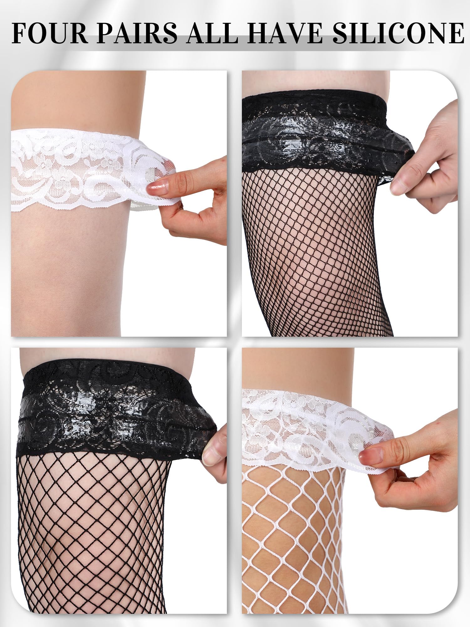 Bencailor Fishnet Thigh High Stocking for Women Silicone Lace Top Sheer Over Knee Stockings: White, Black X-Large