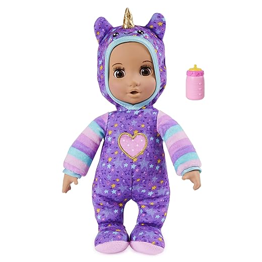 Luvzies by Luvabella, Unicorn Onesie 11-inch Cuddly Baby Doll with Bottle Accessory, for Kids Aged 4 and up