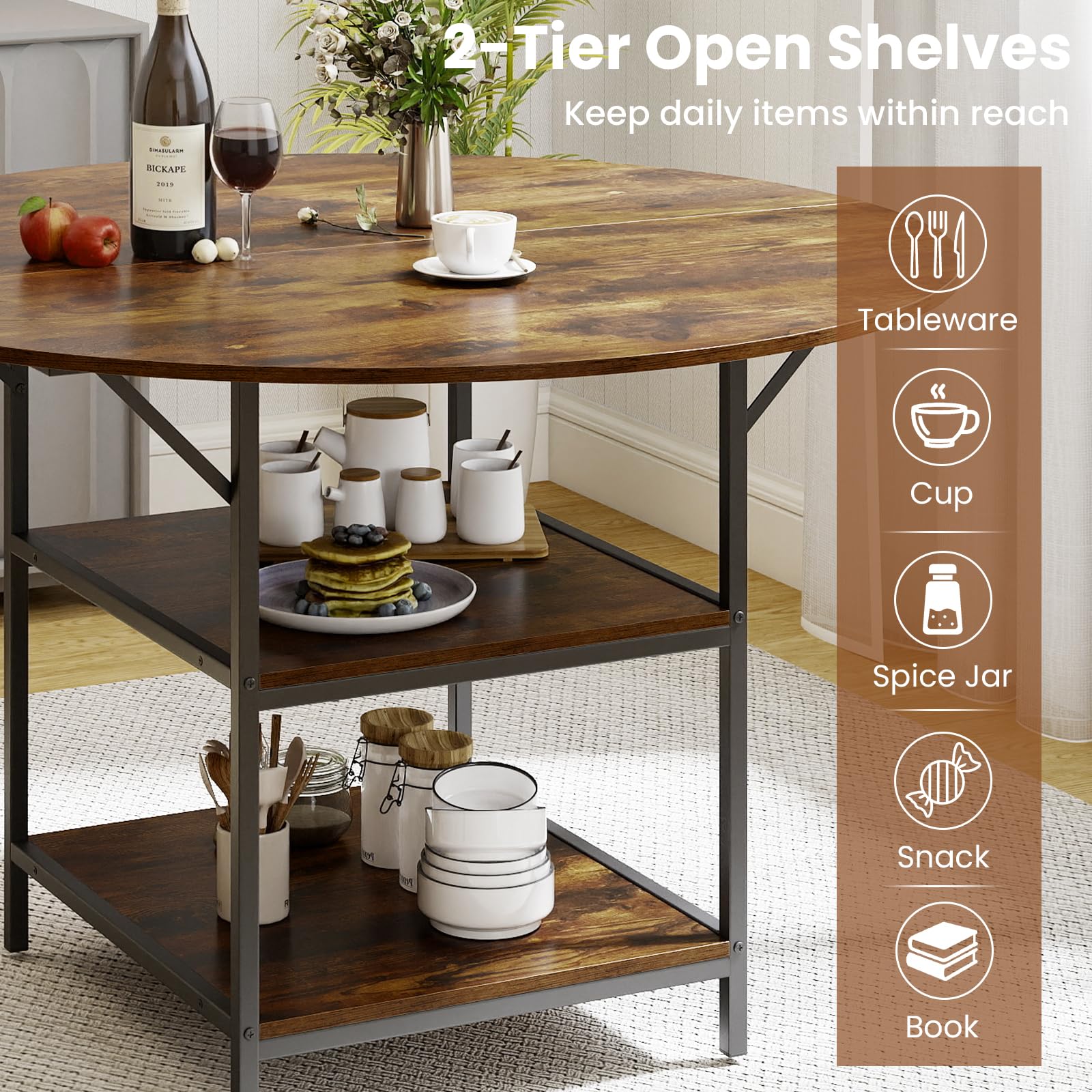 LIFEZEAL Tavolo da pranzo rotondo moderno, 120 cm, tavolo da cucina con ripiano portaoggetti a 2 livelli per 4-6 persone, robusto telaio in metallo per casa, soggiorno e ristorante (caffè)