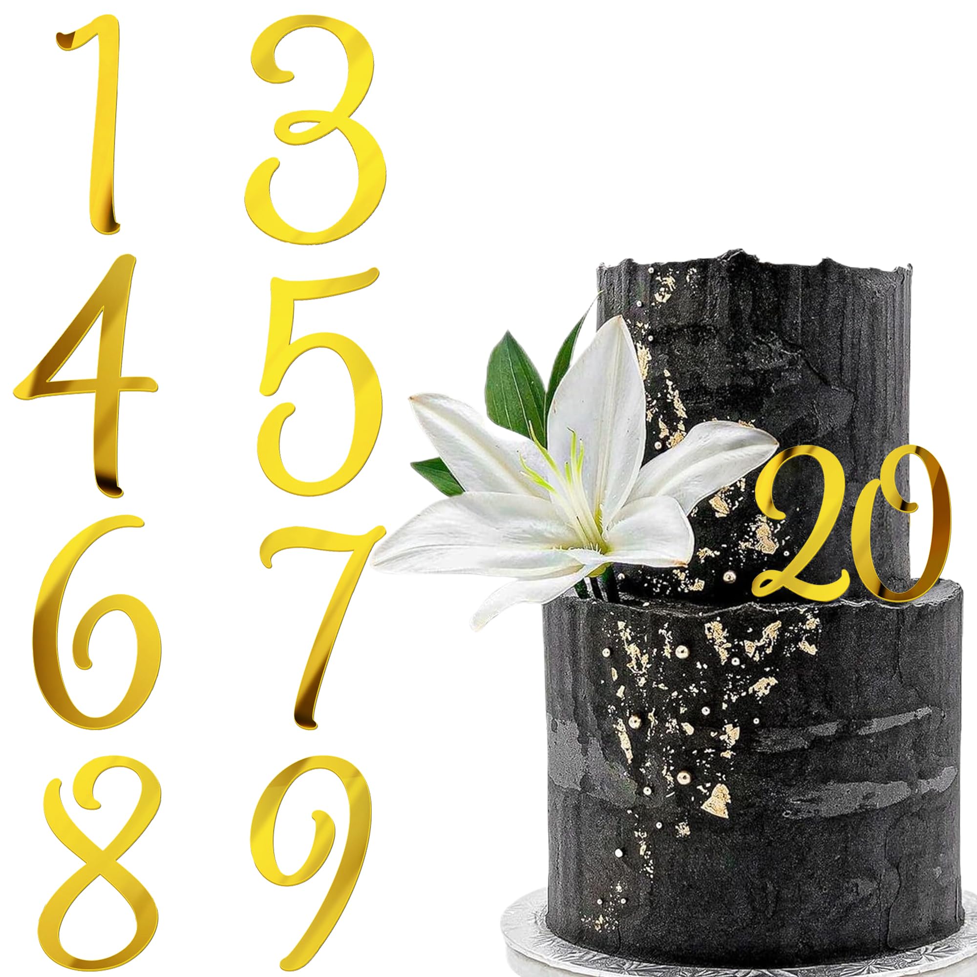 Acrylic Number Cake Topper Gold DIY Mirrored Cake Topper 0-9 Number Set Suitable for Wedding, Birthday, Party Decoration