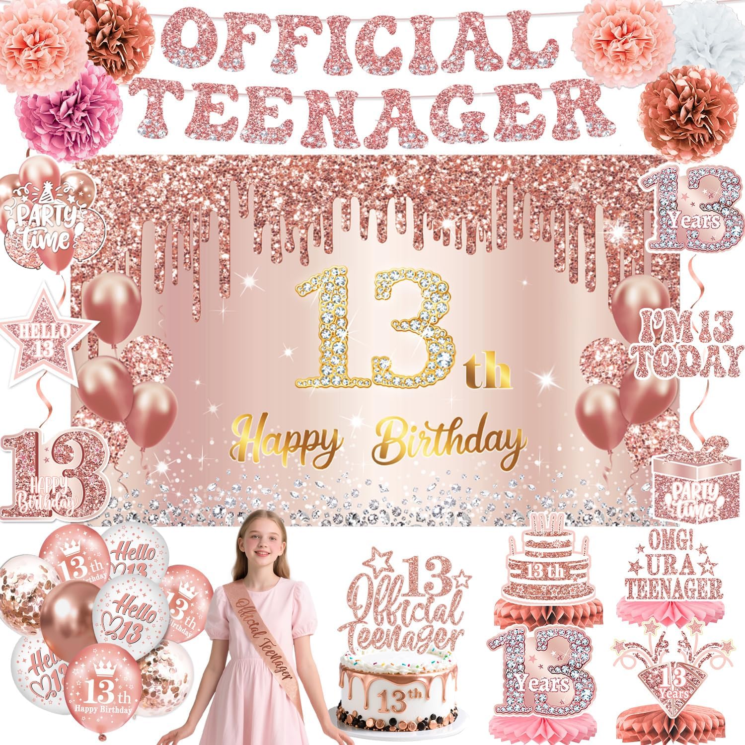 13th Birthday Decorations for Girls – 58pcs Official Teenager Decorations Backdrop, Banner, Honeycomb Centerpieces, Hanging Swirls, Foil & Latex Balloon, Cake & Cupcake Toppers, Sash, Pom Poms Rose Gold 13th