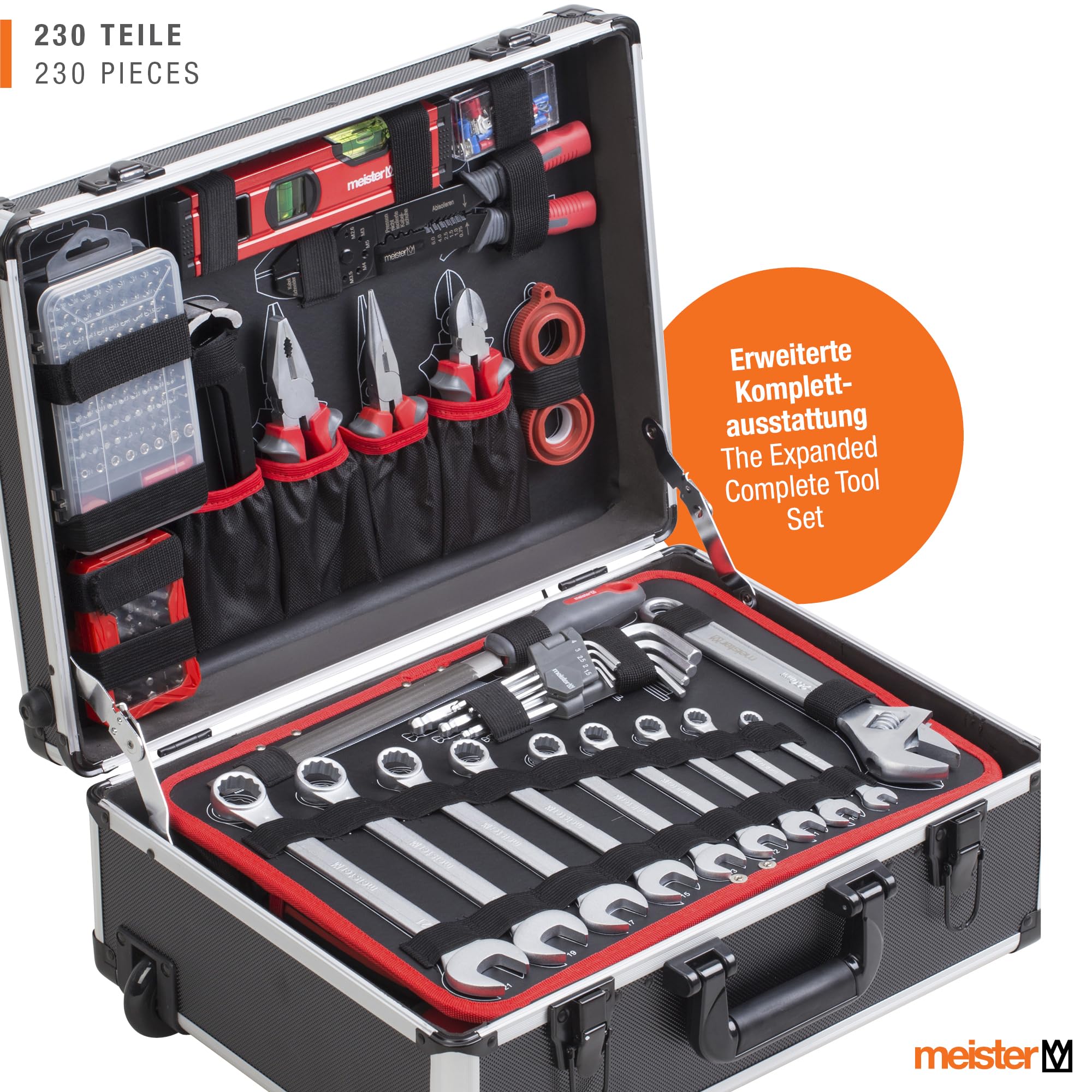 Meister Chariot à outils 230 pièces - Kit d'outils - Avec roulettes - Poignée télescopique/Mallette à outils professionnelle remplie/Caisse à outils mobile sur roulettes/Boîte à outils complète