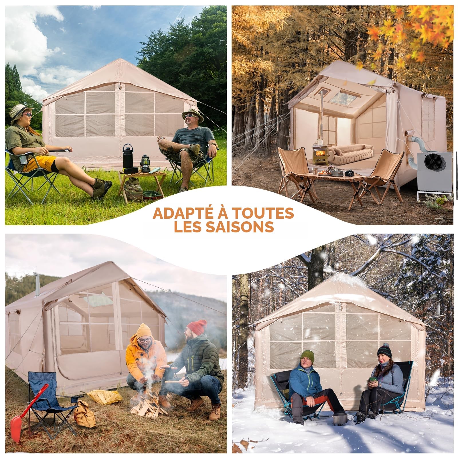 Tente de camping gonflable avec ouverture de cheminée et fenêtre de toit, tente d'extérieur pour 2 à 10 personnes, avec pompe à air, en tissu Oxford imperméable, pour 4 saisons, montage rapide