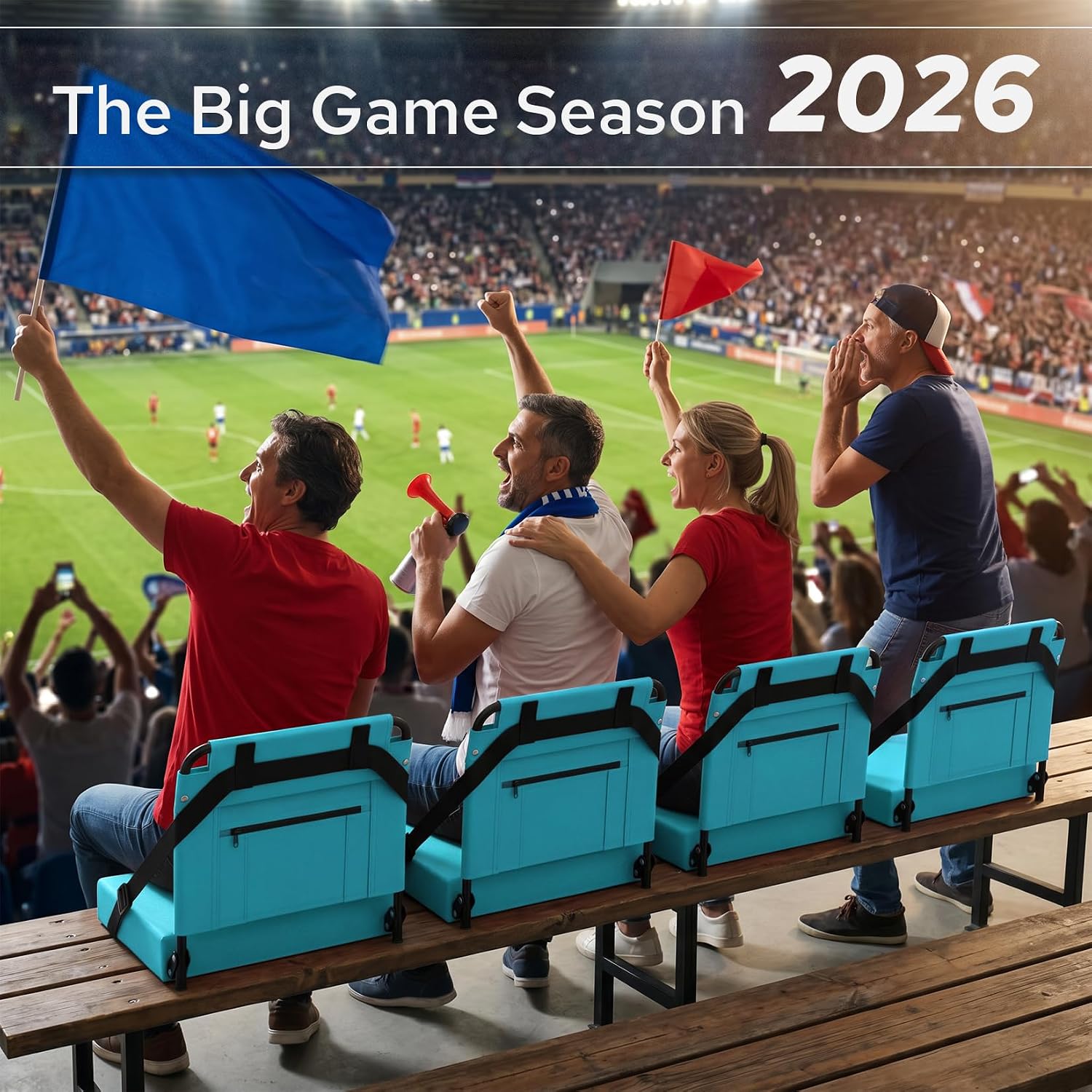 Stadium Seats for Bleachers 2 Pack w/Back Support Bleacher Seat Soft Cushion Light Weight Includes Shoulder Strap & Cup Holder, Front & Back Zipper Pocket, Suitable for Sports Events,Cyan