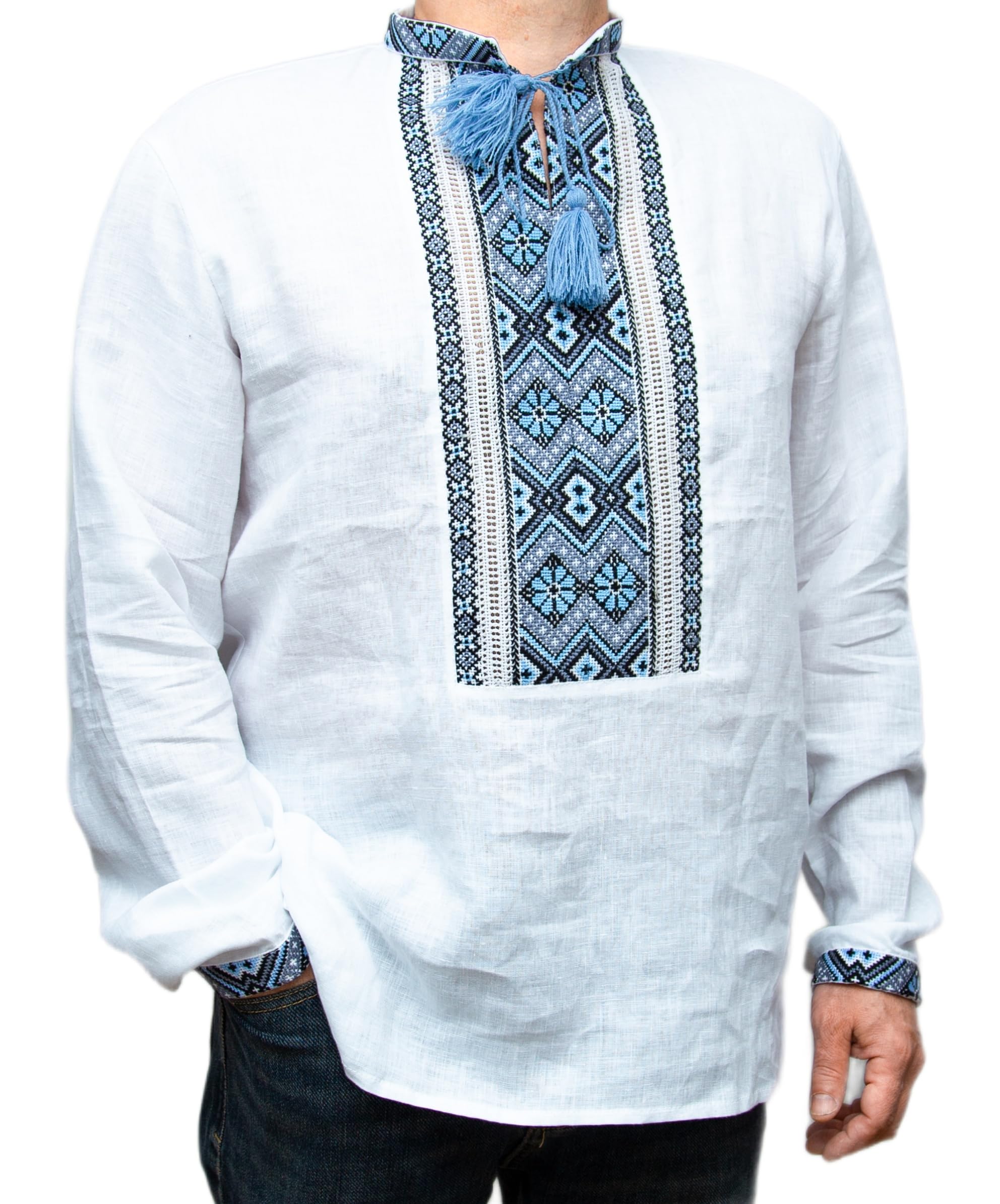 Rushnichok Vyshyvanka Men's Ukrainian Embroidered Linen Shirt Wedding Handmade White Blue Gray XL