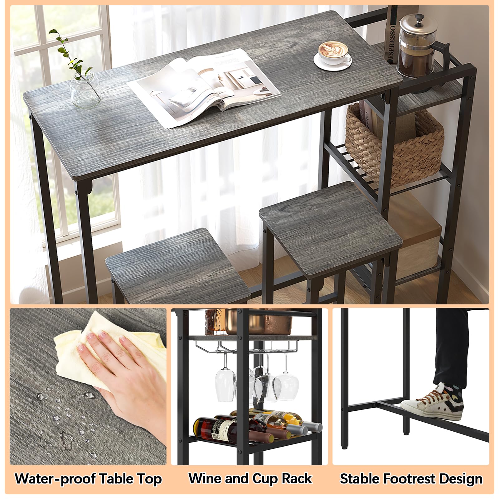 Juego de mesa de bar y sillas para cocinas y apartamentos pequeños, juego de mesa de comedor que ahorra espacio para 2, 3 estantes de almacenamiento con estante de vino integrado, juego de mesa 7