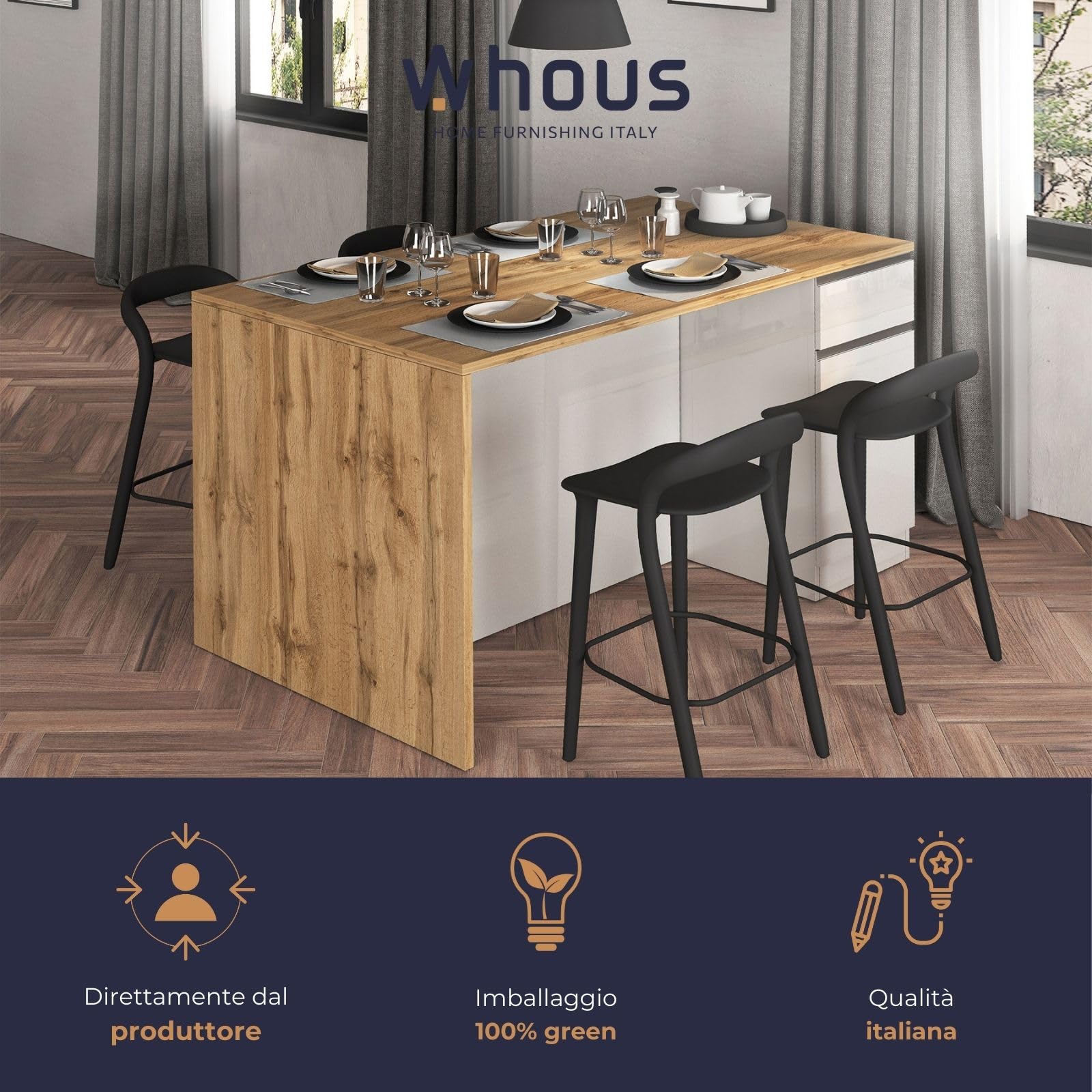 WHOUS Isola Cucina SOLE con 2 Ante e 2 Cassetti, Tavolo da Pranzo e Piano di Lavoro, Ideale per Open Space e Spazi Ridotti, 160x90x90 cm, Bianco Lucido e Rovere
