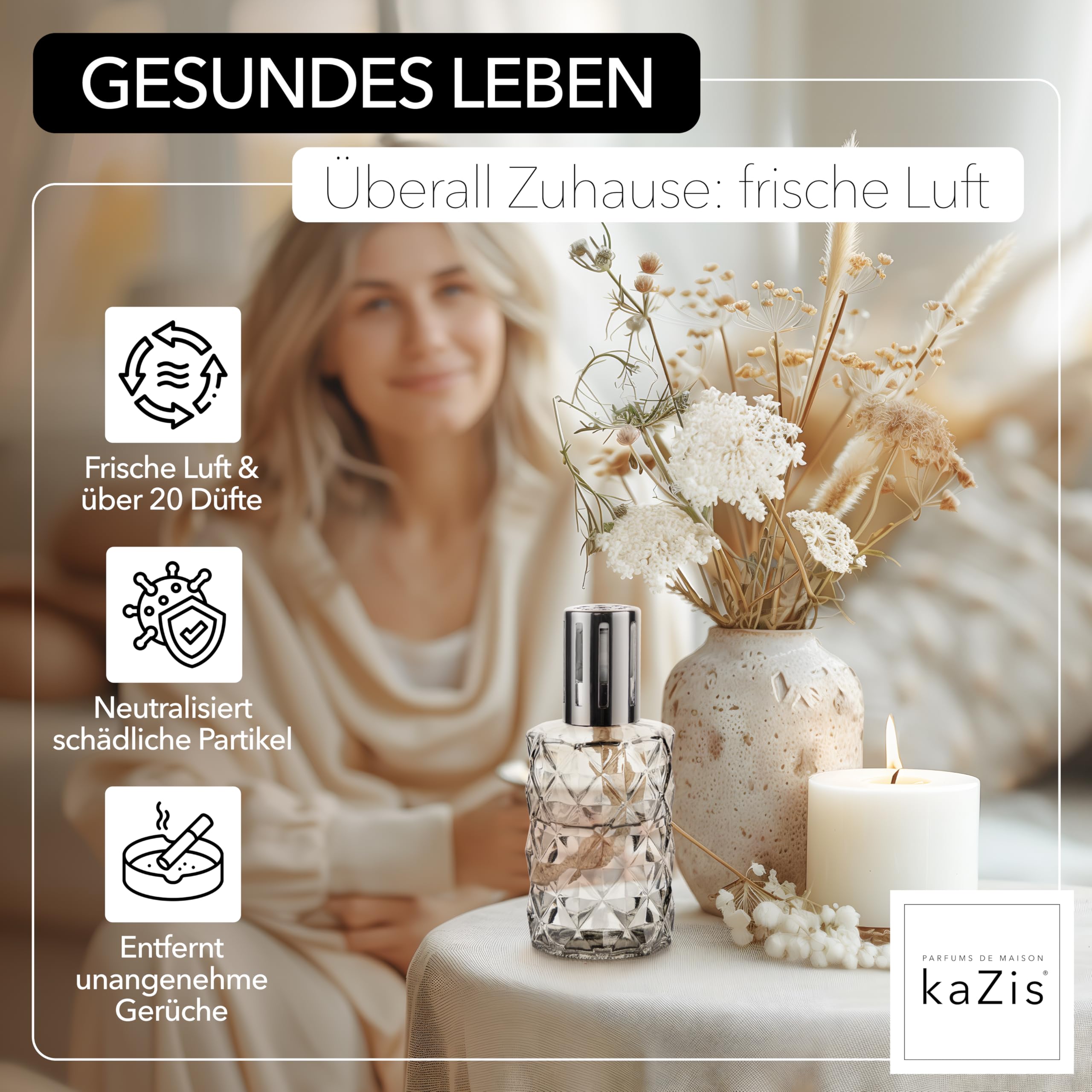 KAZIS® I Katalytische Lampe I Duftlampe I Glas I XXL I 400 ml Inhalt I graue Rauten