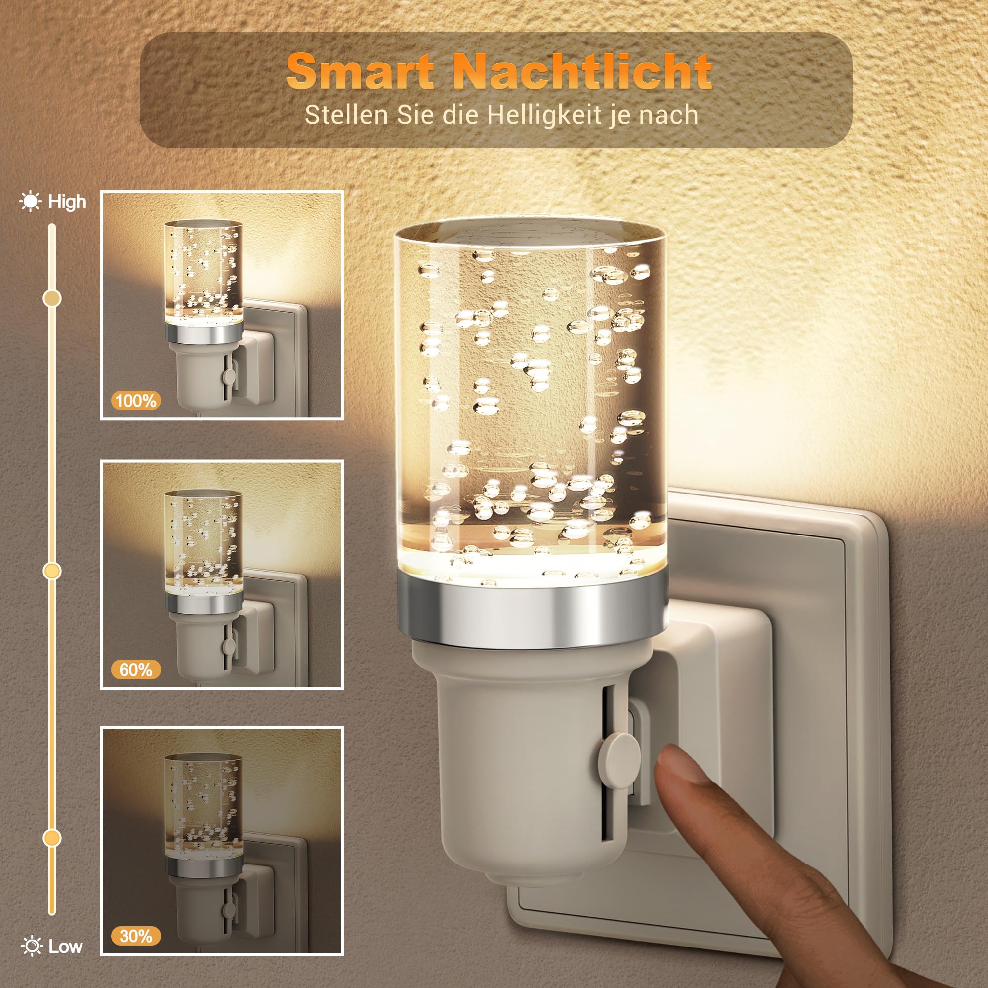 JandCase Luce notturna con sensore di movimento, lampada notturna con 3 modalità (on/automatico/off), 0-100 lm, dimmerabile, luce notturna per bambini, luce bianca calda, 3000 K, luce per camera da