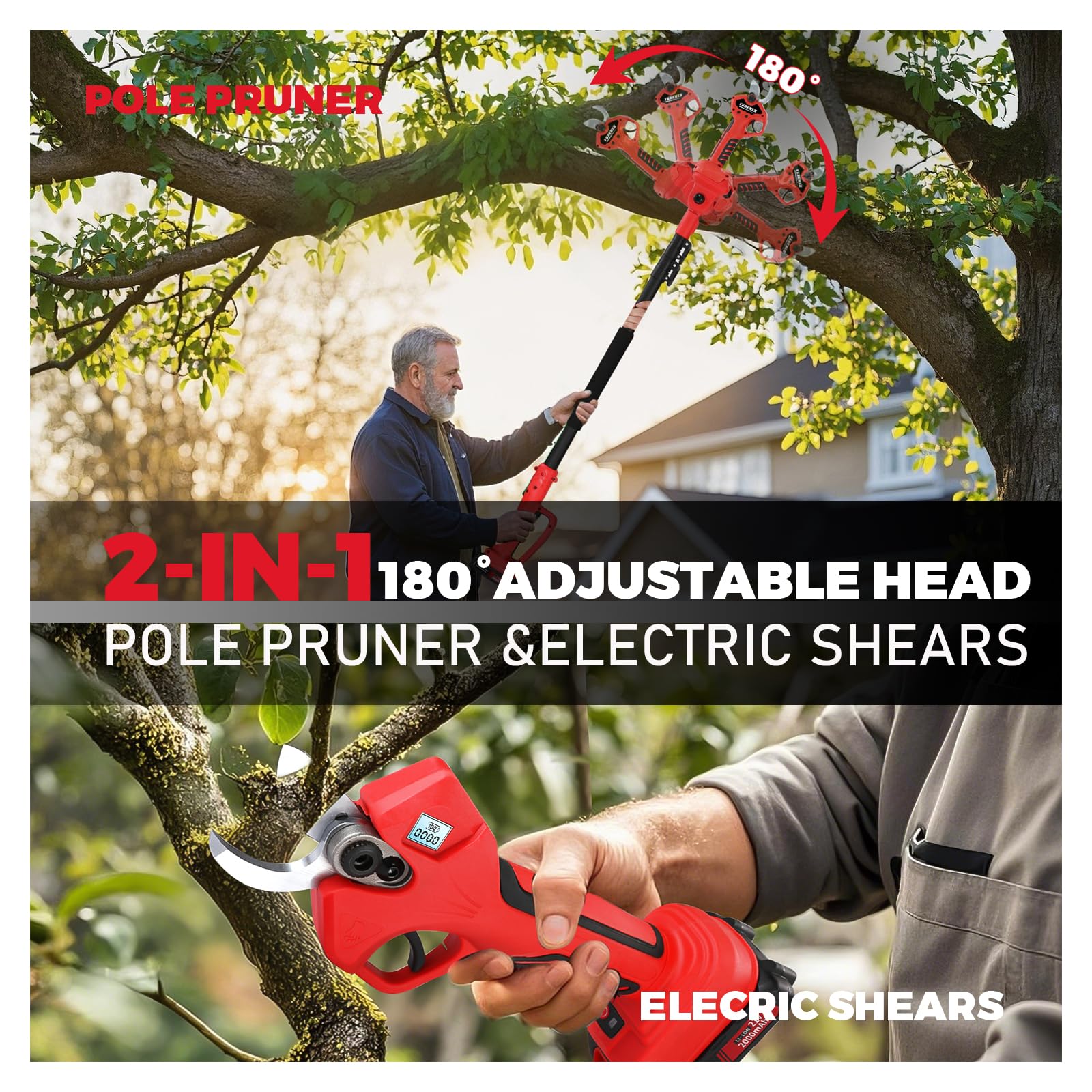 Podadora de podar 2 en 1, diámetro de corte de 4 cm, podadora eléctrica inalámbrica con varilla de extensión, 2 tijeras de podar de 2.0 Ah con batería para podar árboles (2 juegos)