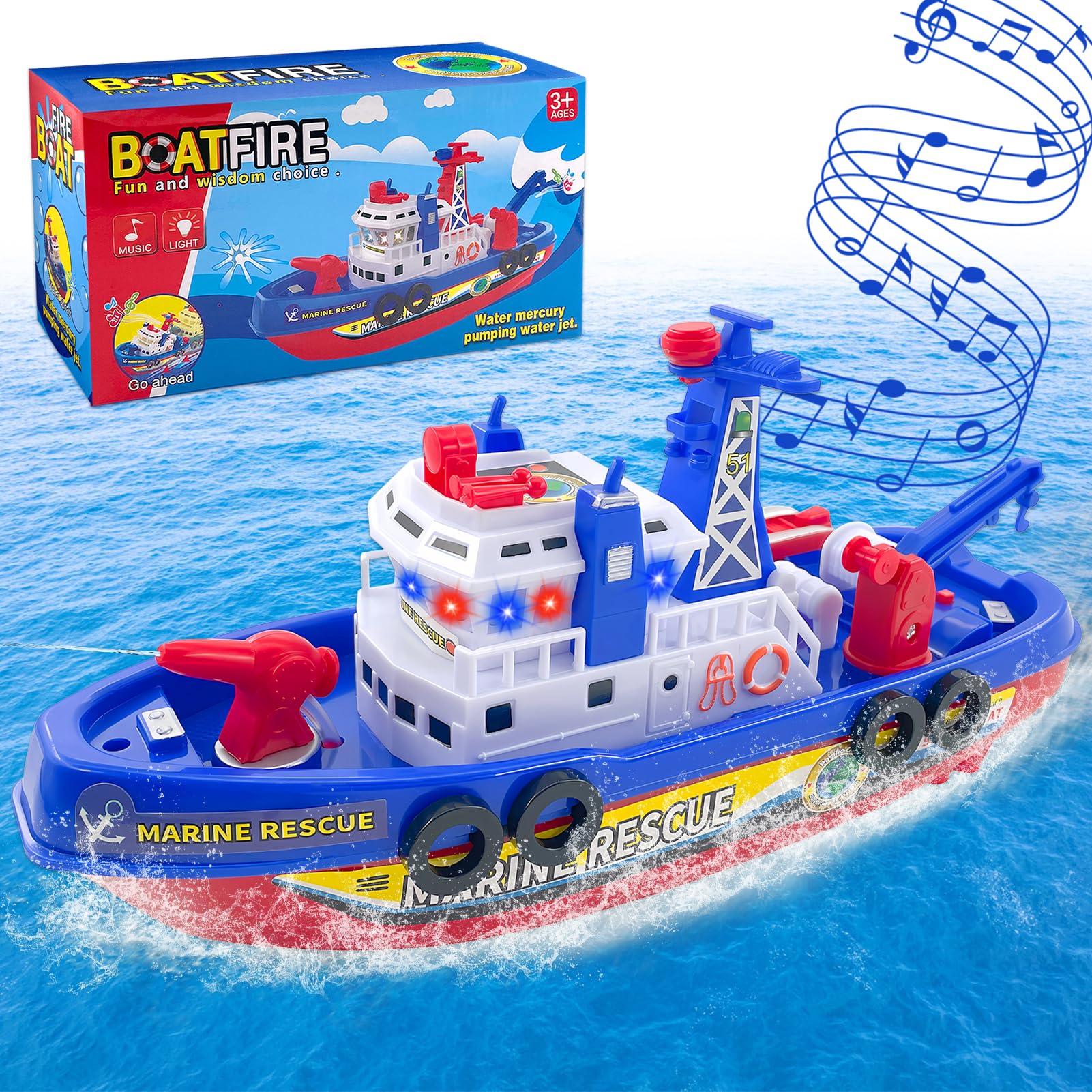 Barco de Juguete para Niños, Barco de Bomberos, Juguetes Acuáticos para Niños, Eléctrico Barco de Bomberos de Juguete con Pulverización LED Musical, Regalos Niños