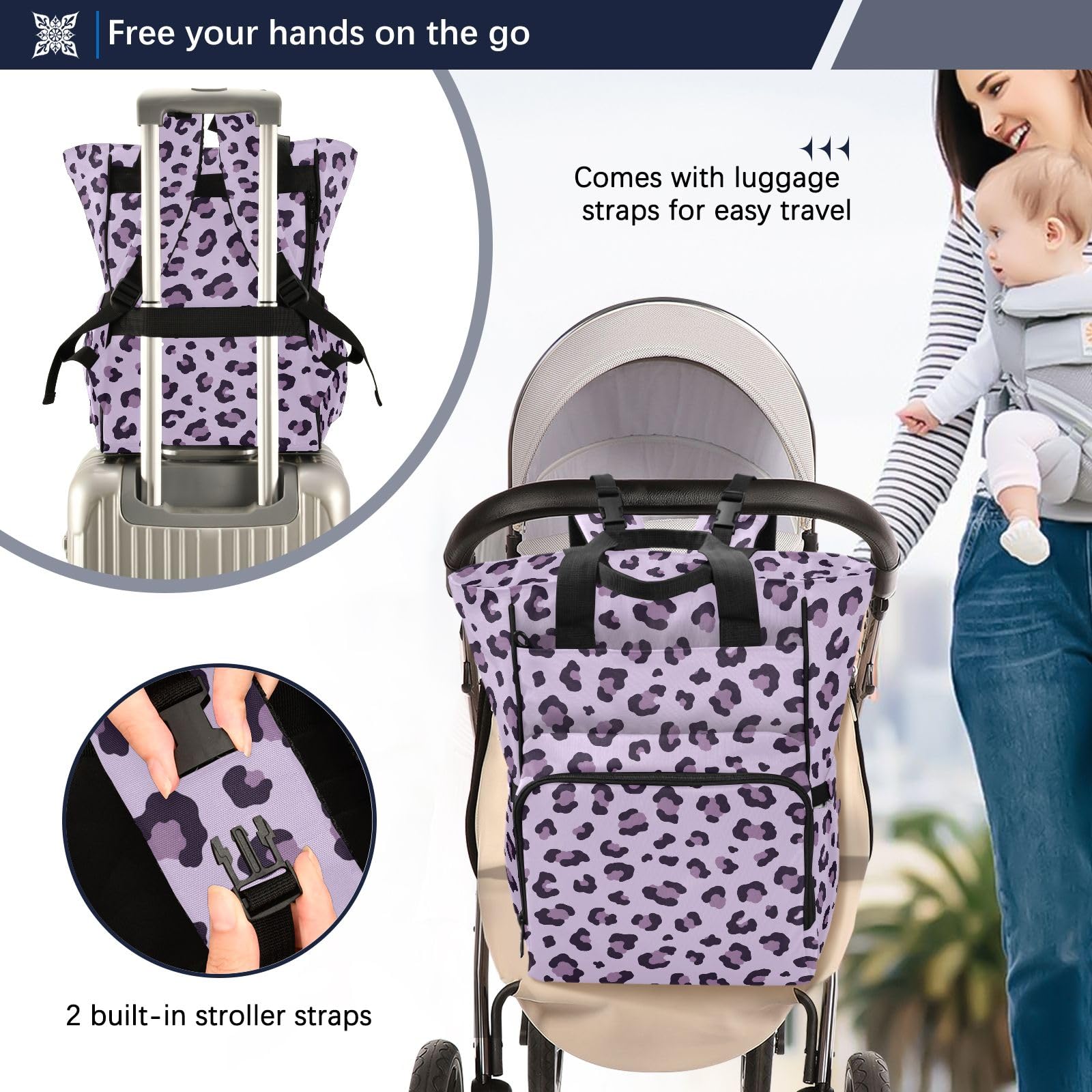 Mnsruu Borsa per pannolini per bambini viola con stampa leopardata borsa grande borsa impermeabile da viaggio borse per pannolini per mamme e papà